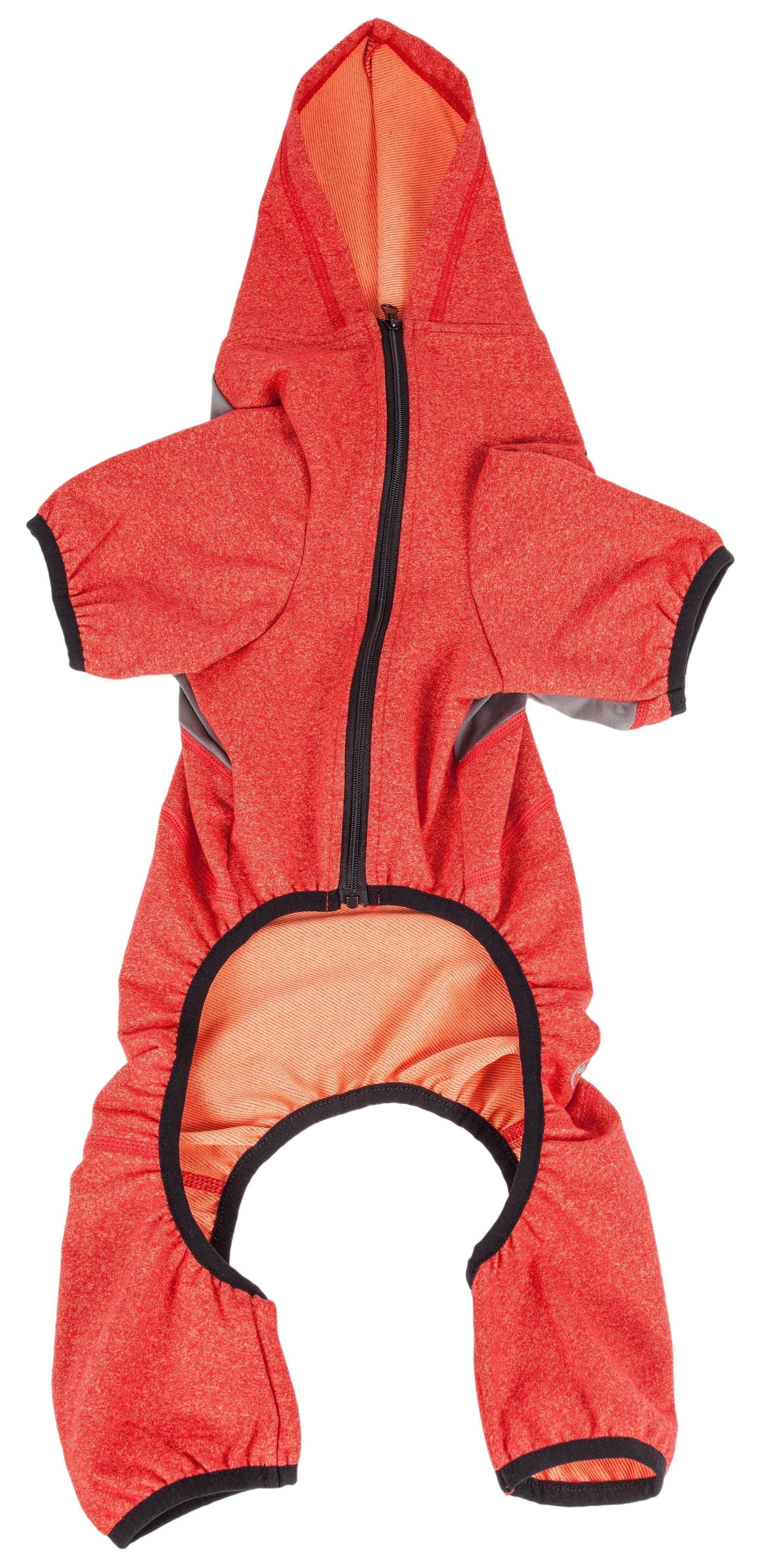 Red full-body hooded dog yoga sweater with front zipper and orange-toned back panel