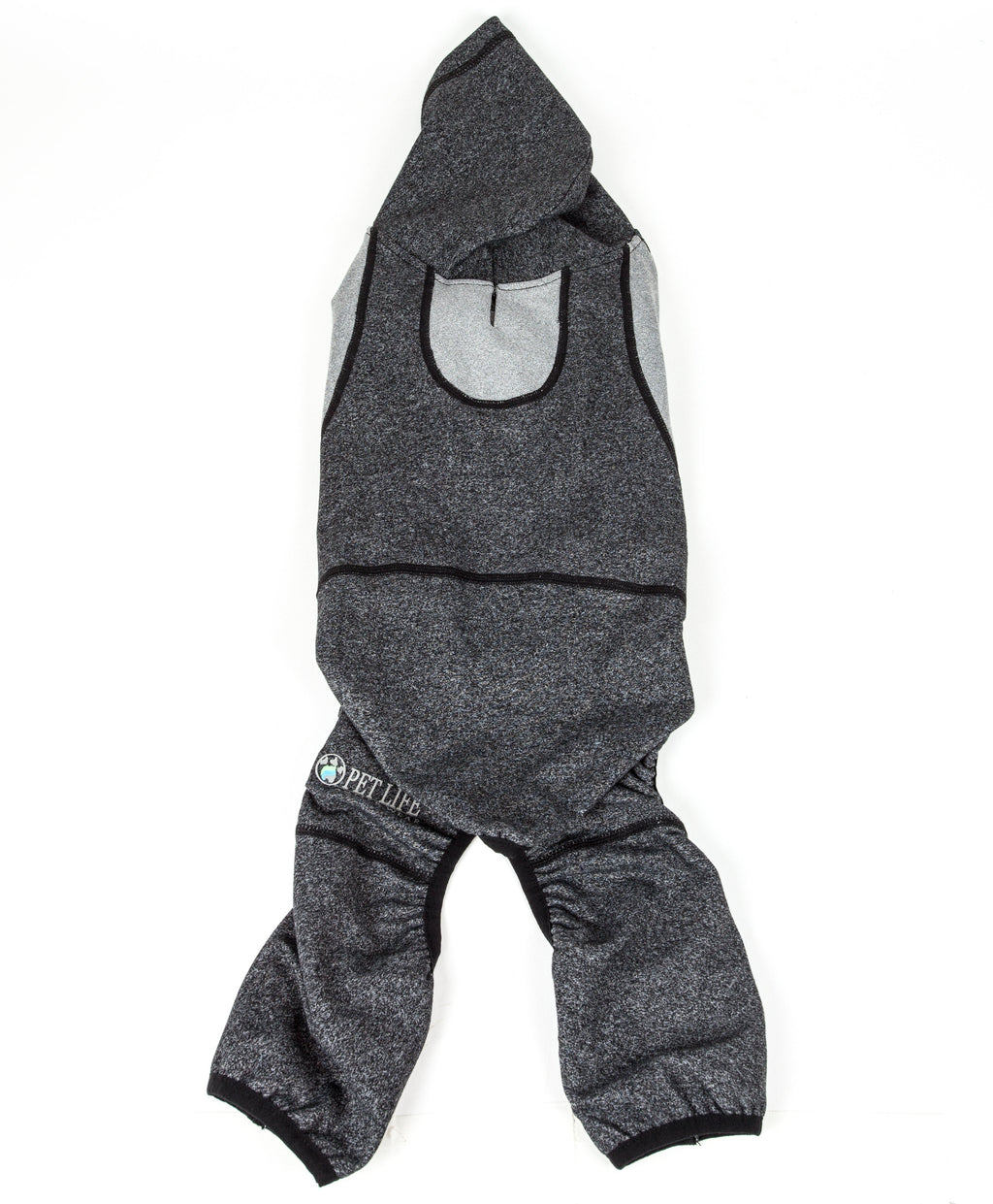 Dark gray full-body hooded dog yoga sweater with front hood pocket and front zipper