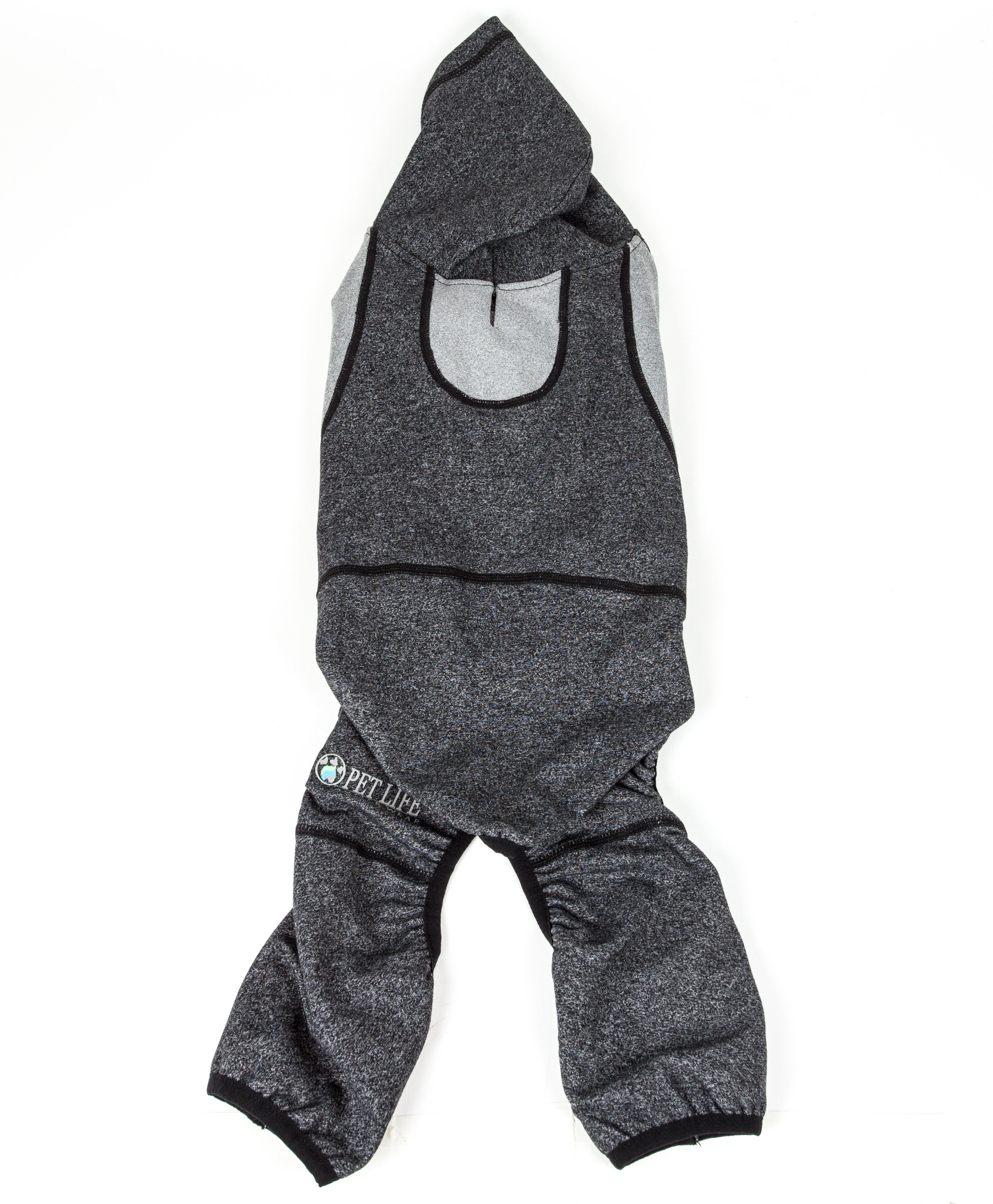 Dark gray full-body hooded dog yoga sweater with front hood pocket and front zipper