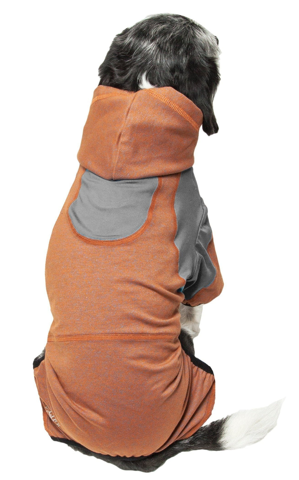 Burnt orange full-body dog hooded sweater with gray side panels and belly cutout