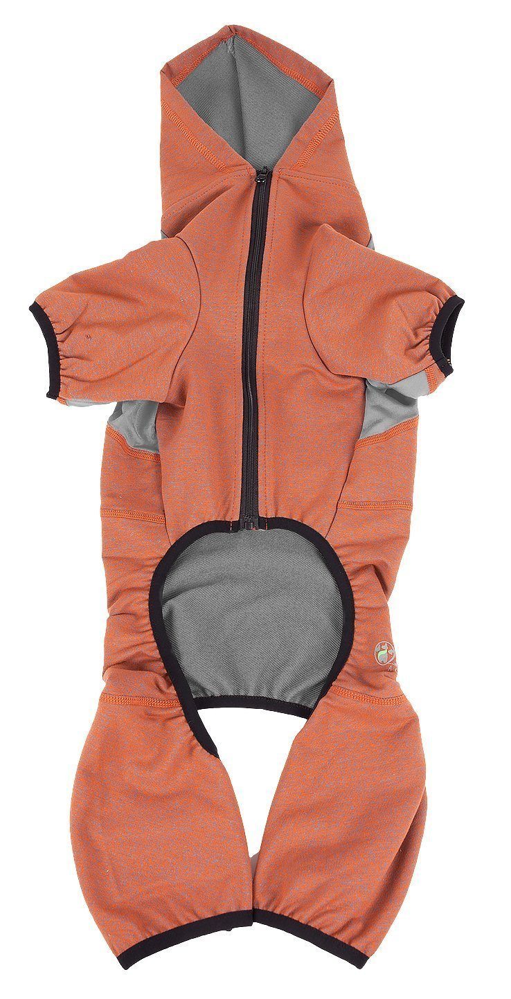 Burnt orange dog yoga sweater with hooded front zipper and gray belly panel
