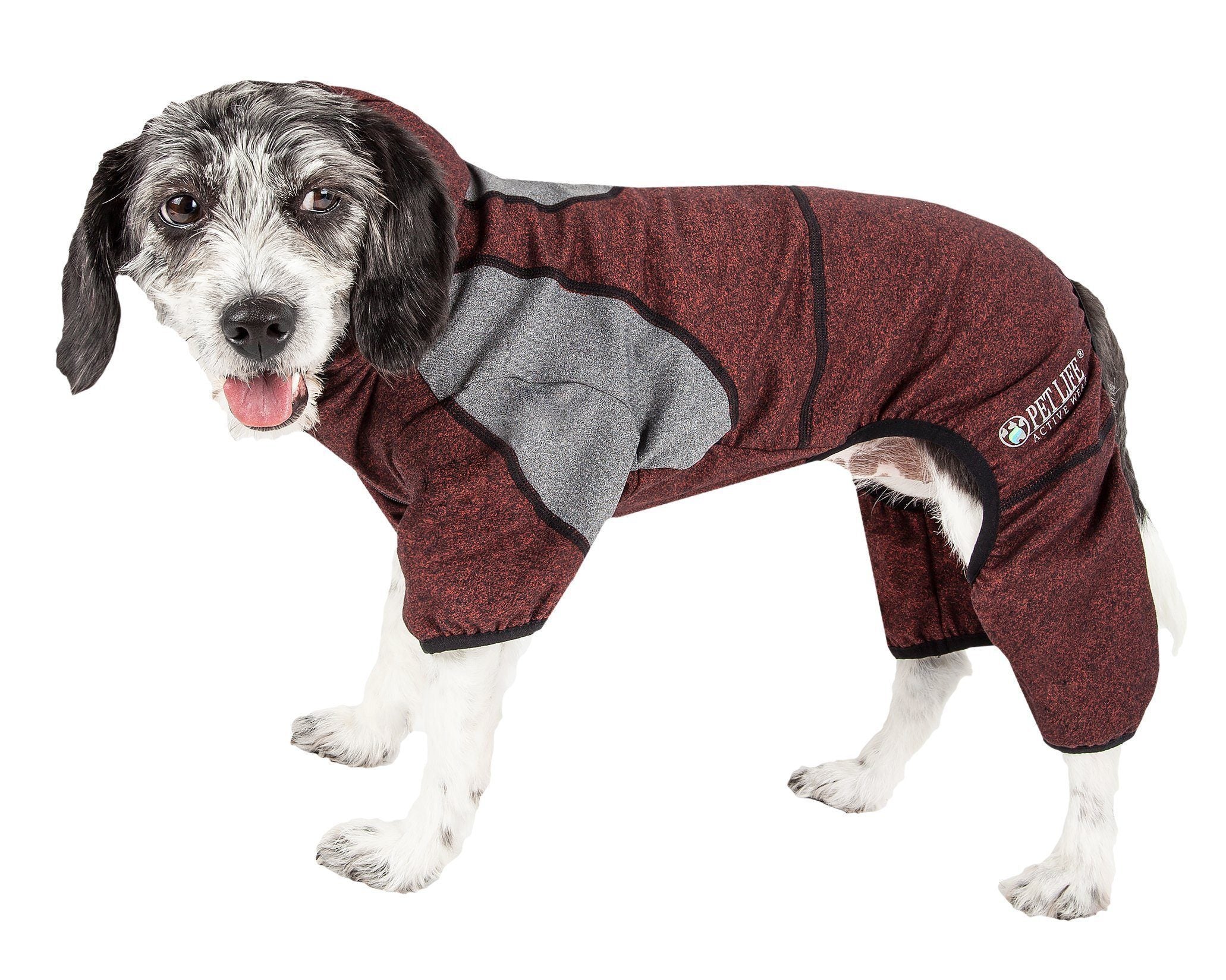 Dog full-body hooded stretch sweater in burgundy with light gray belly panel