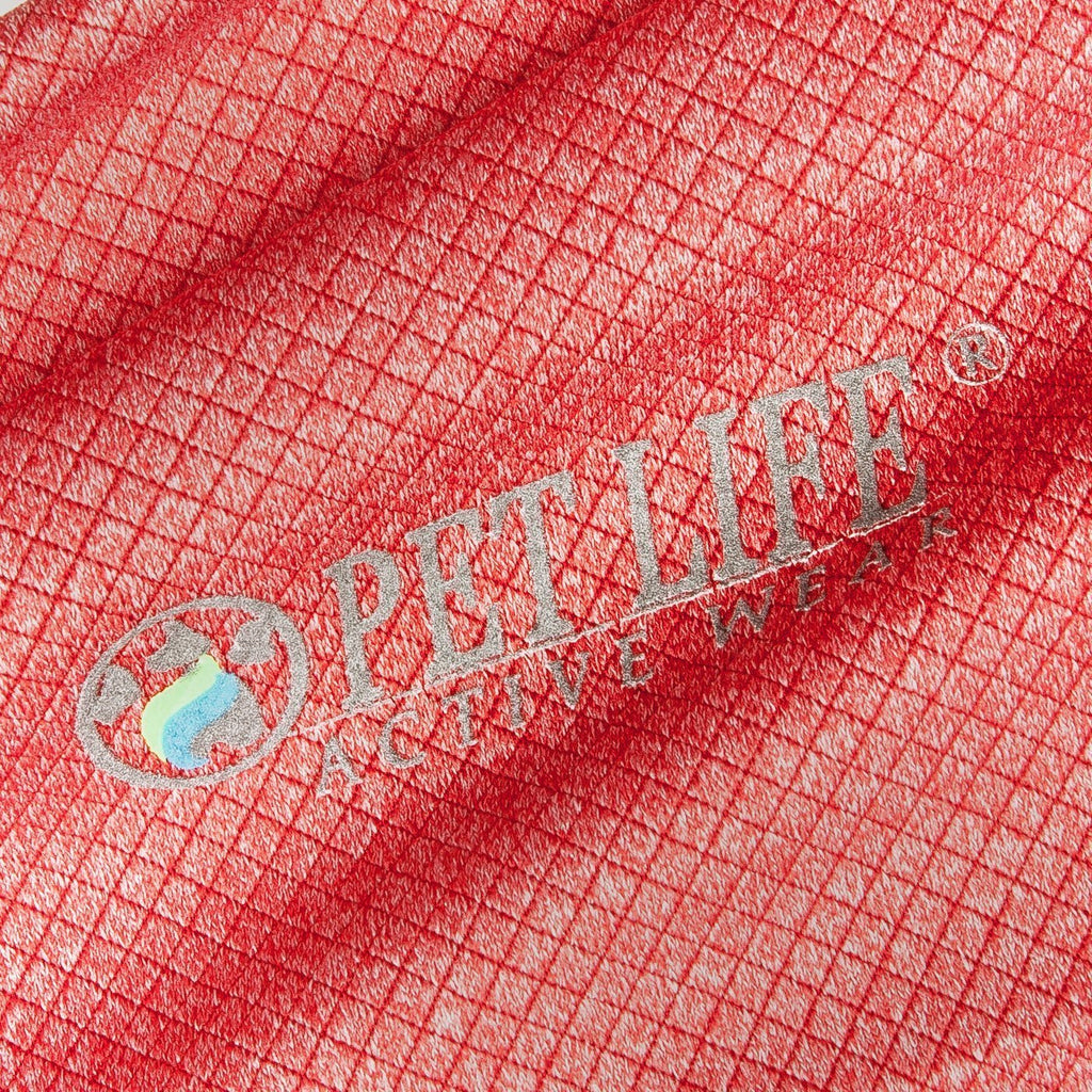 Red anti-odor dog polo shirt, textured knit with embroidered logo patch on chest.