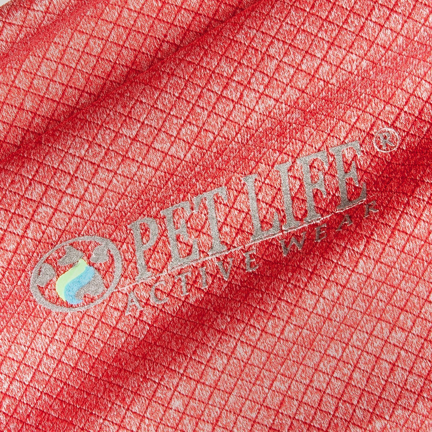 Red anti-odor dog polo shirt, textured knit with embroidered logo patch on chest.