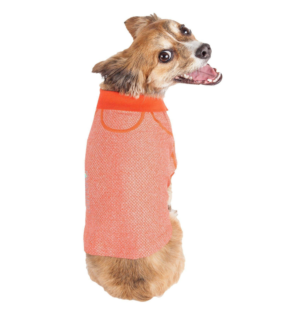 Orange dog polo shirt with ribbed collar and button placket, diamond-textured knit