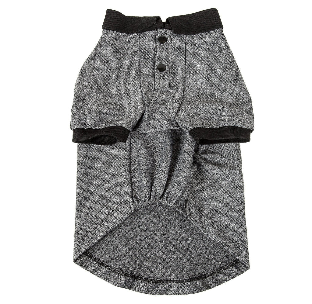 Gray dog polo shirt back view with black cuffs and button placket