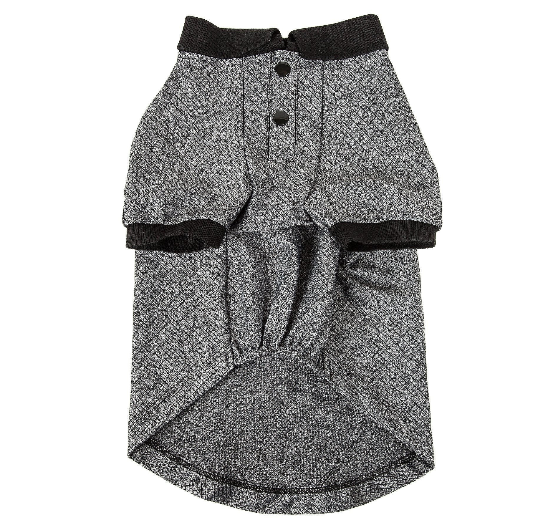 Gray dog polo shirt back view with black cuffs and button placket