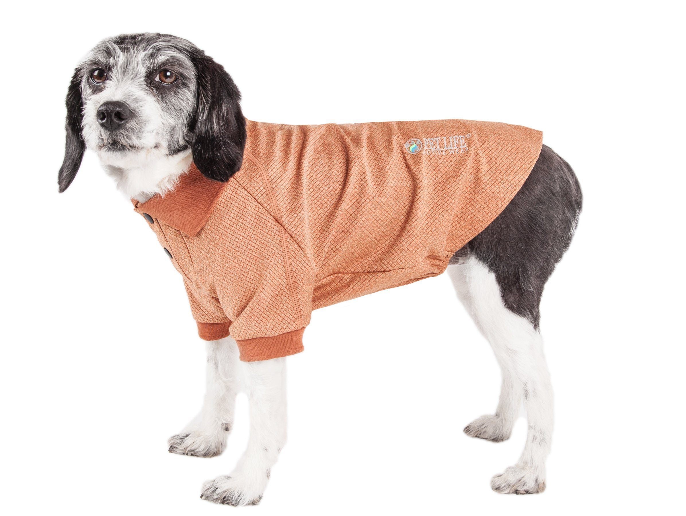 Tan dog polo T-shirt with textured knit, ribbed cuffs, and small chest logo