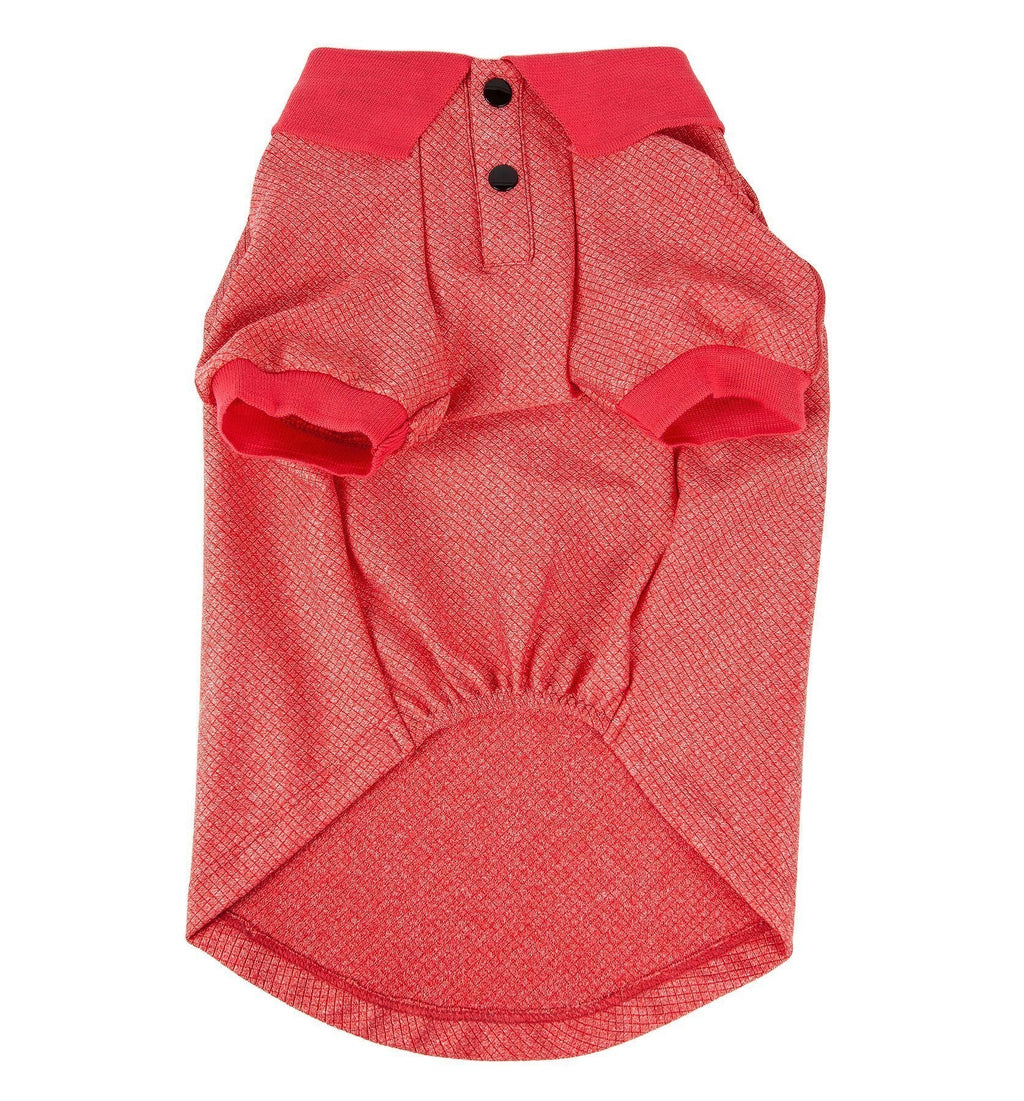 Red coral dog polo shirt back view with button placket and short sleeve cuffs