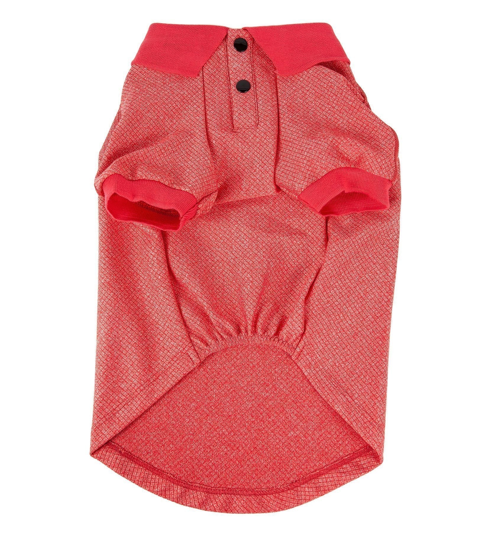 Red coral dog polo shirt back view with button placket and short sleeve cuffs