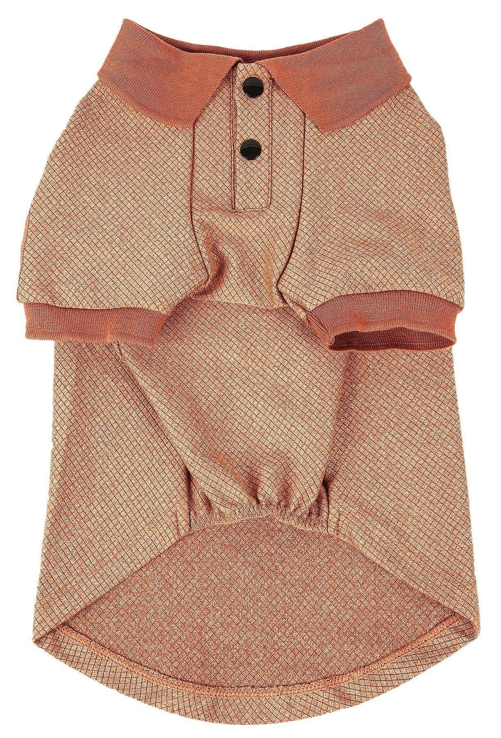 Tan dog polo shirt back view with button placket and short sleeve cuffs