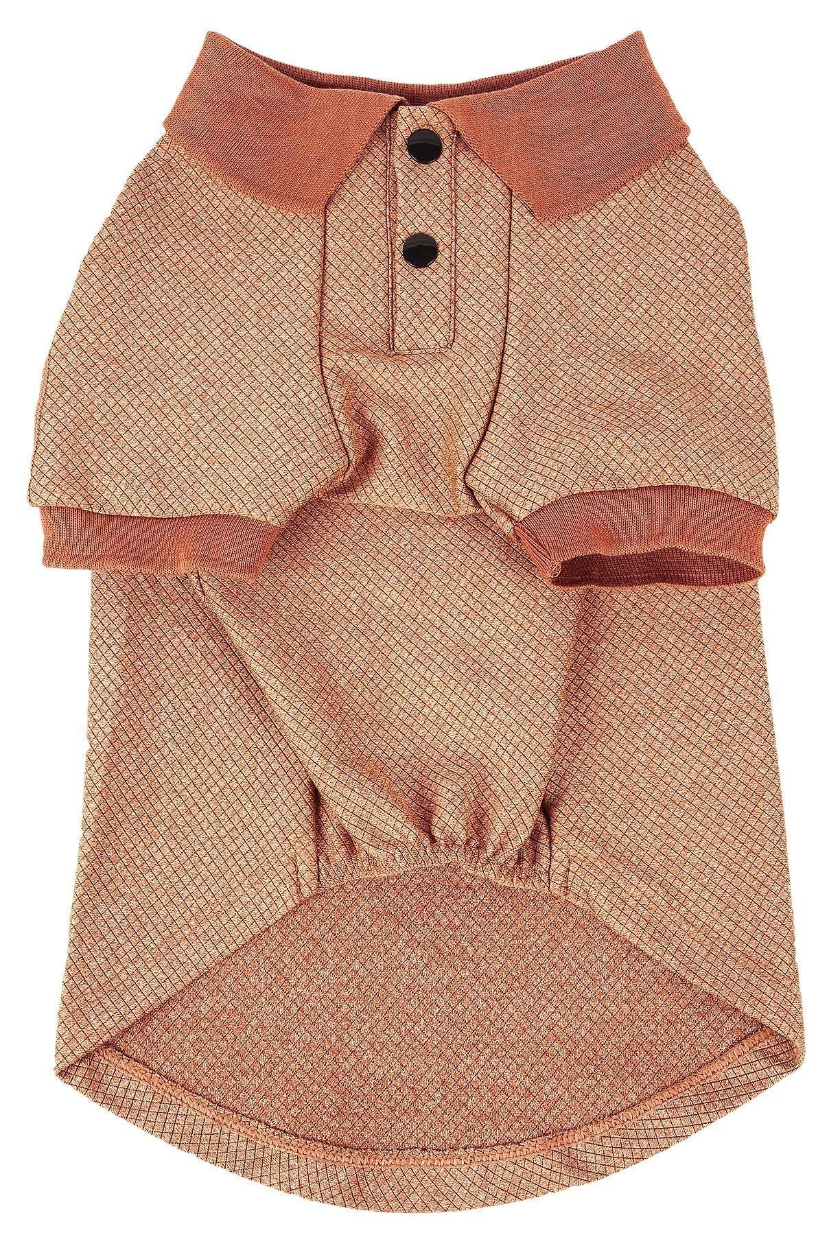 Tan dog polo shirt back view with button placket and short sleeve cuffs
