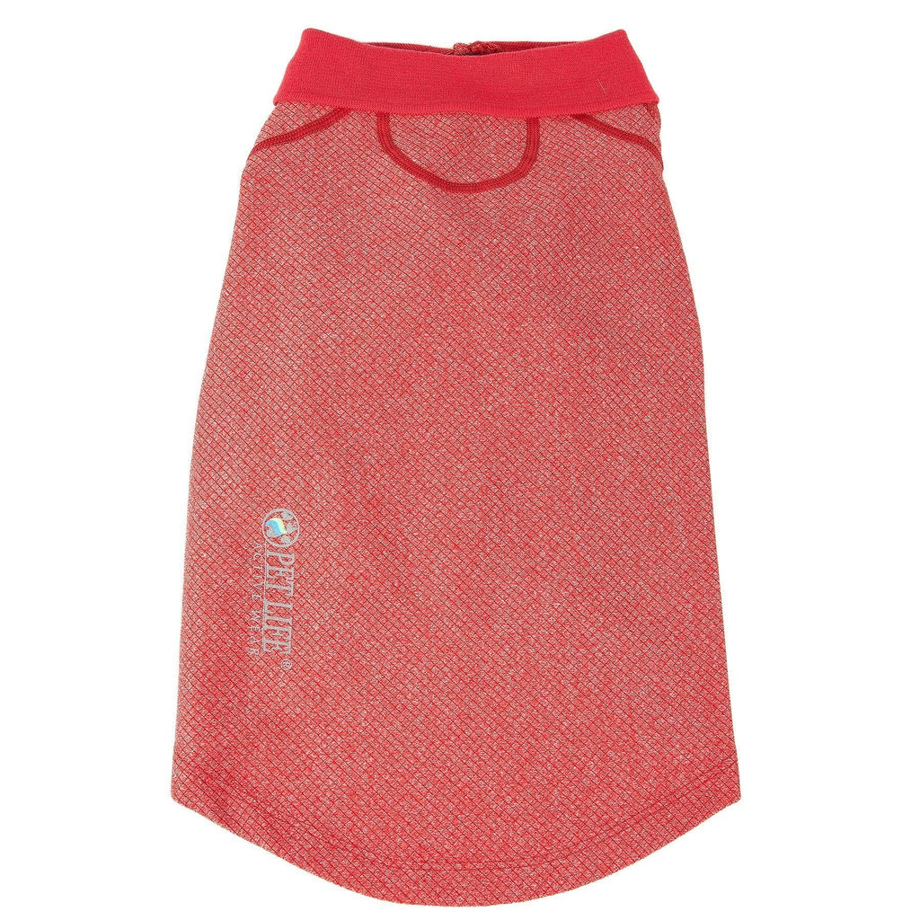 Red coral dog polo shirt with textured knit, matching collar and chest logo patch