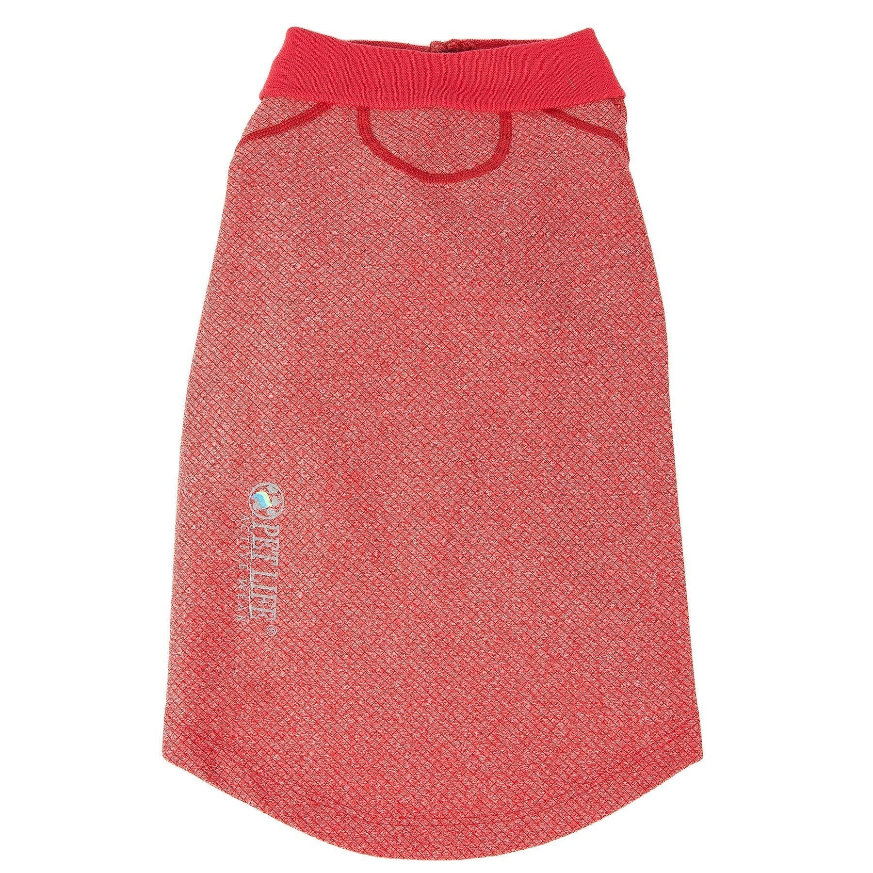 Red coral dog polo shirt with textured knit, matching collar and chest logo patch