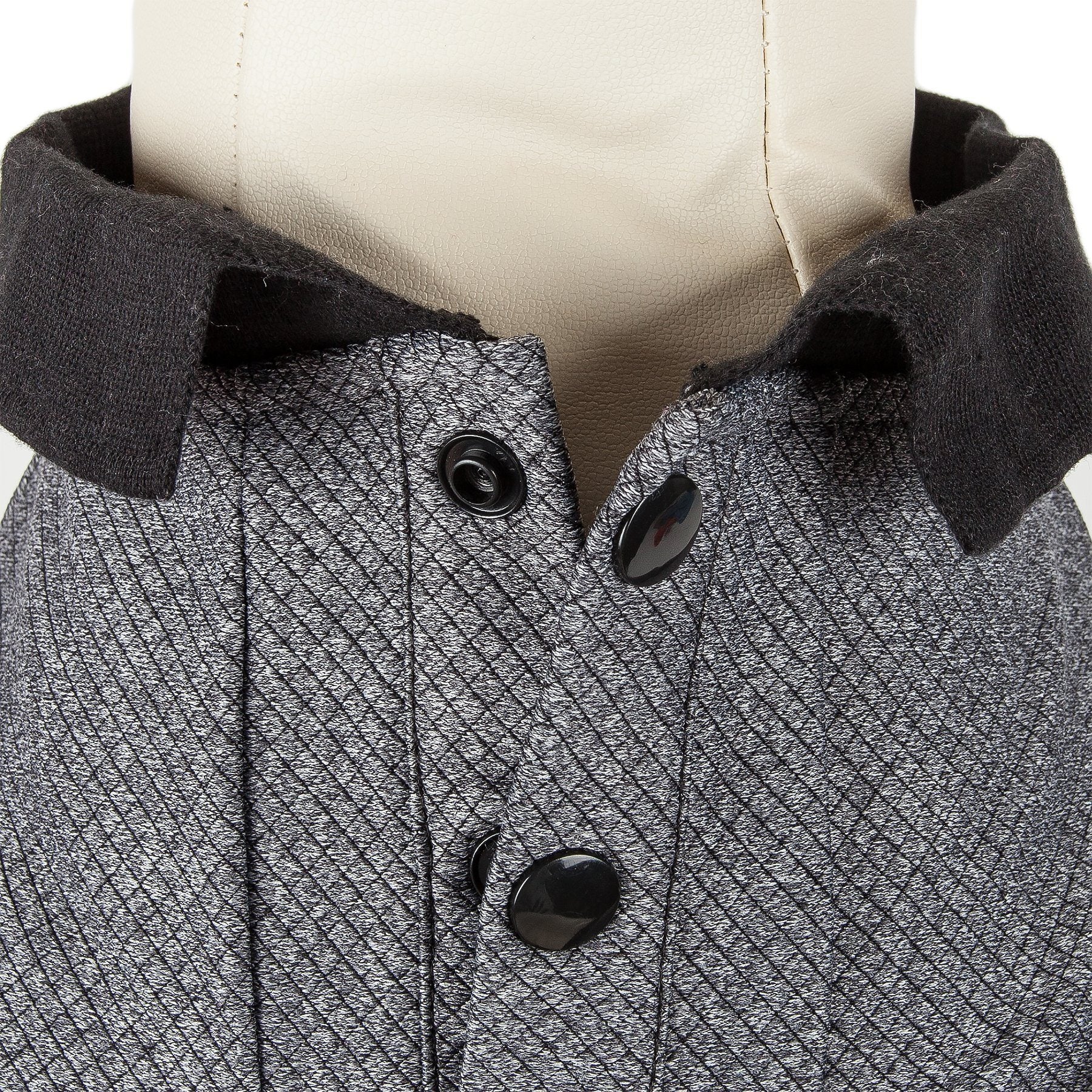 Gray dog polo shirt with diamond-textured fabric and dark button placket, ribbed collar
