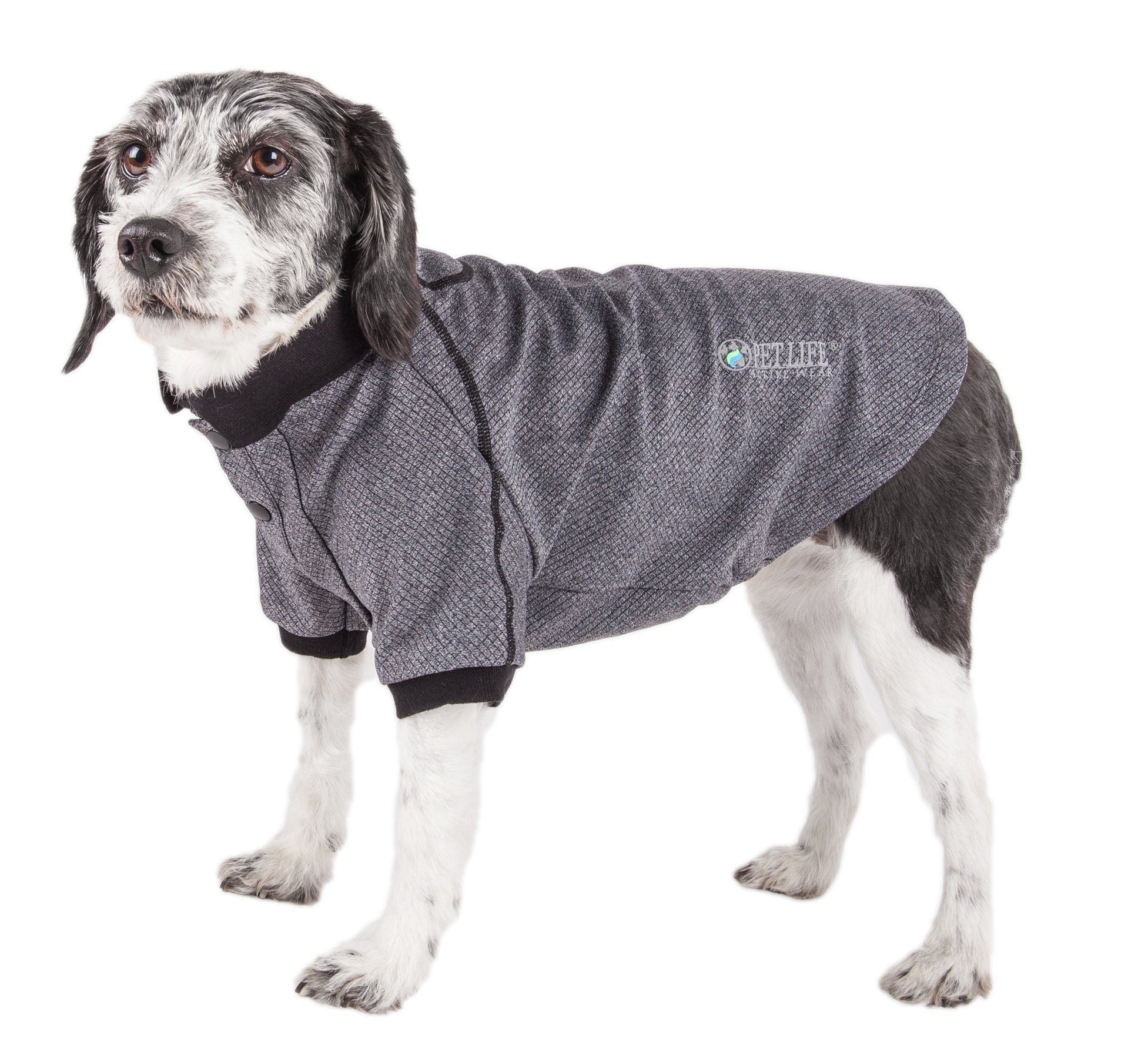Gray dog polo T-shirt with textured knit, dark trim accents, and small logo on chest