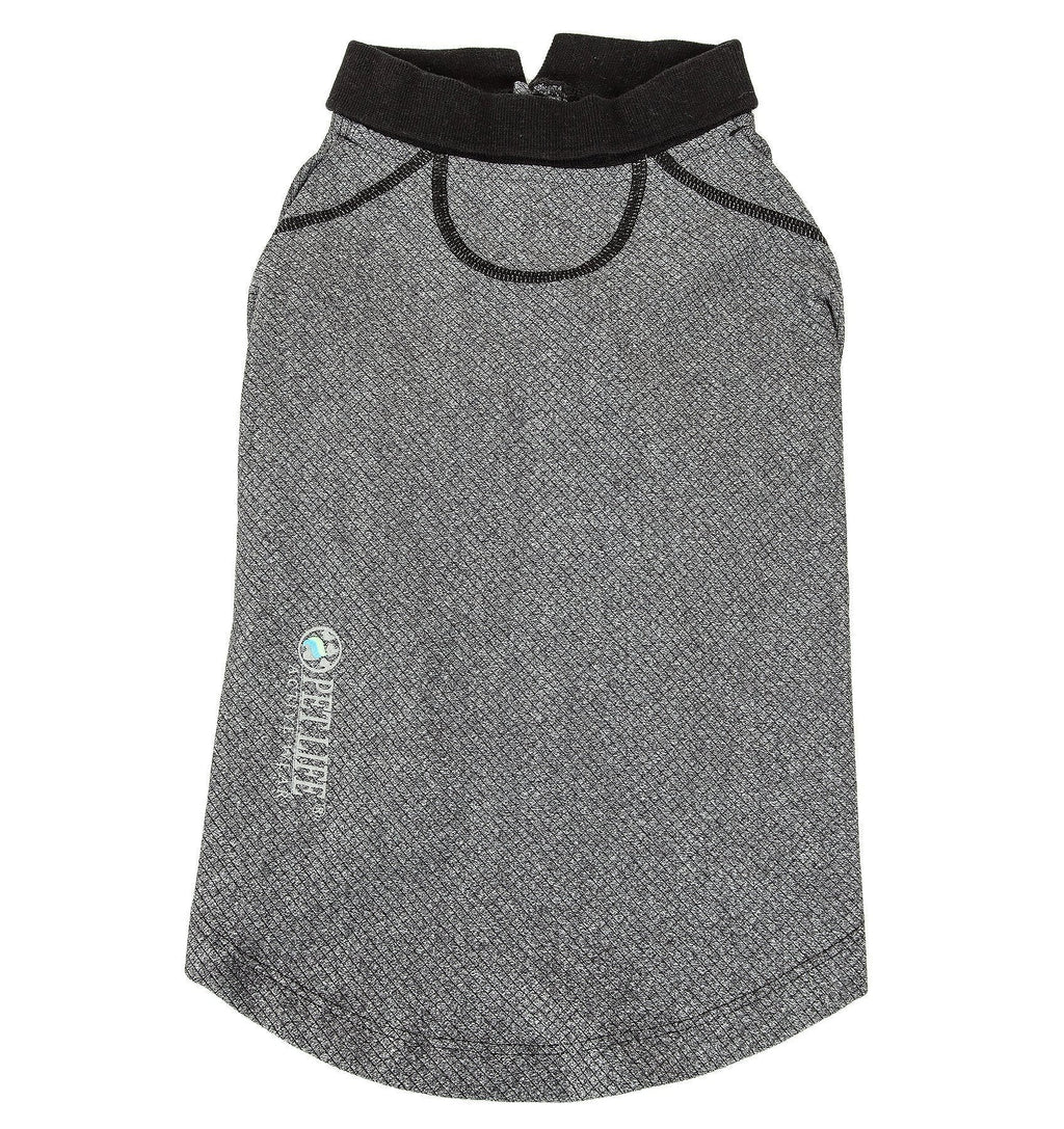 Gray dog polo shirt with textured knit, black neck collar and chest logo patch