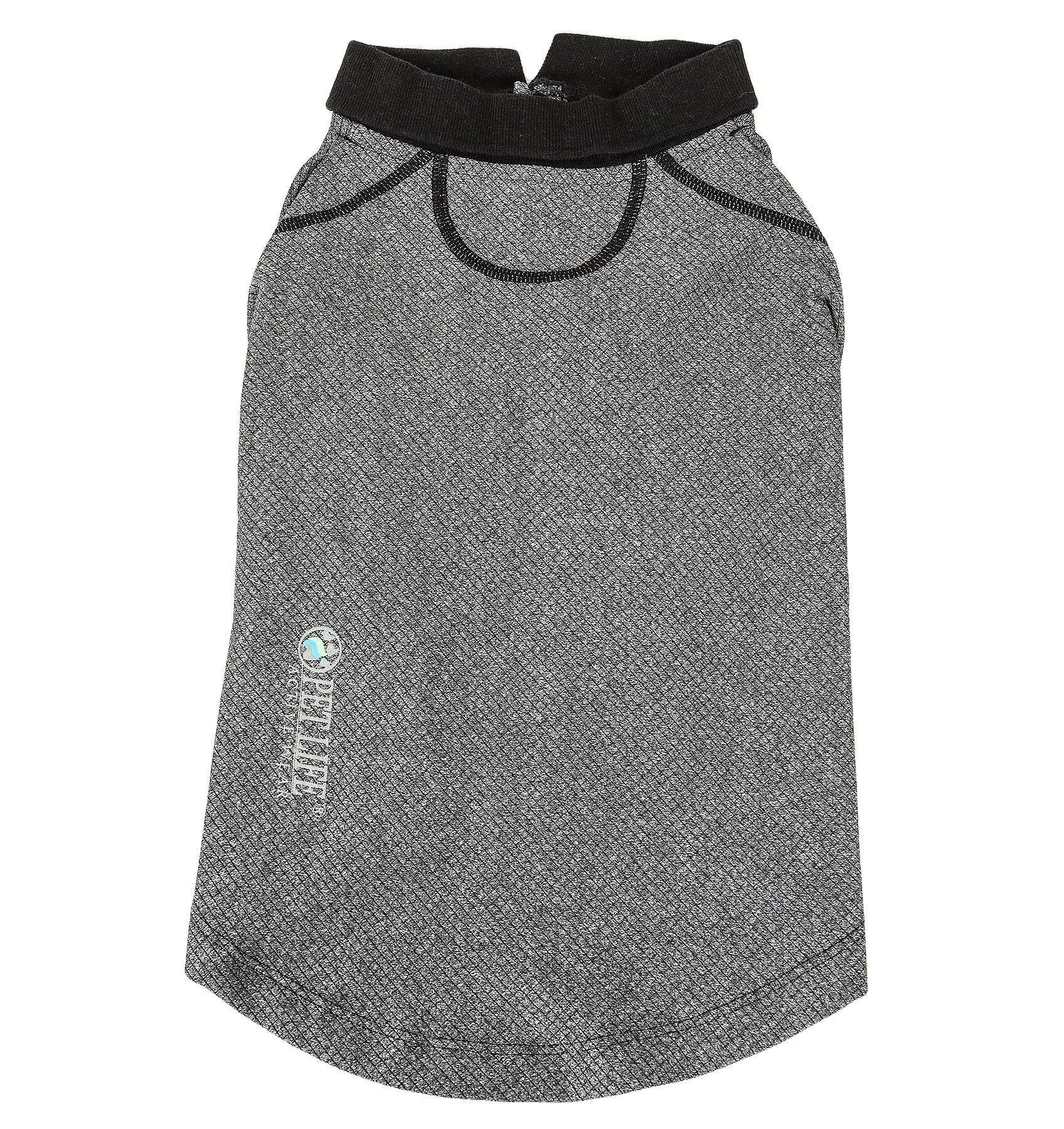 Gray dog polo shirt with textured knit, black neck collar and chest logo patch