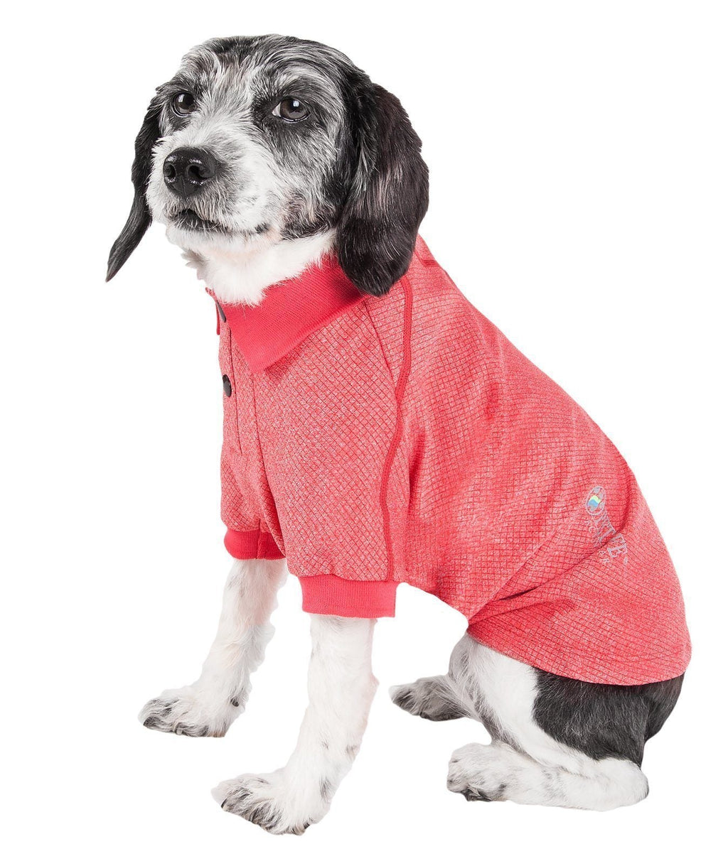 Red dog polo shirt with short sleeves, button placket, and textured fabric.