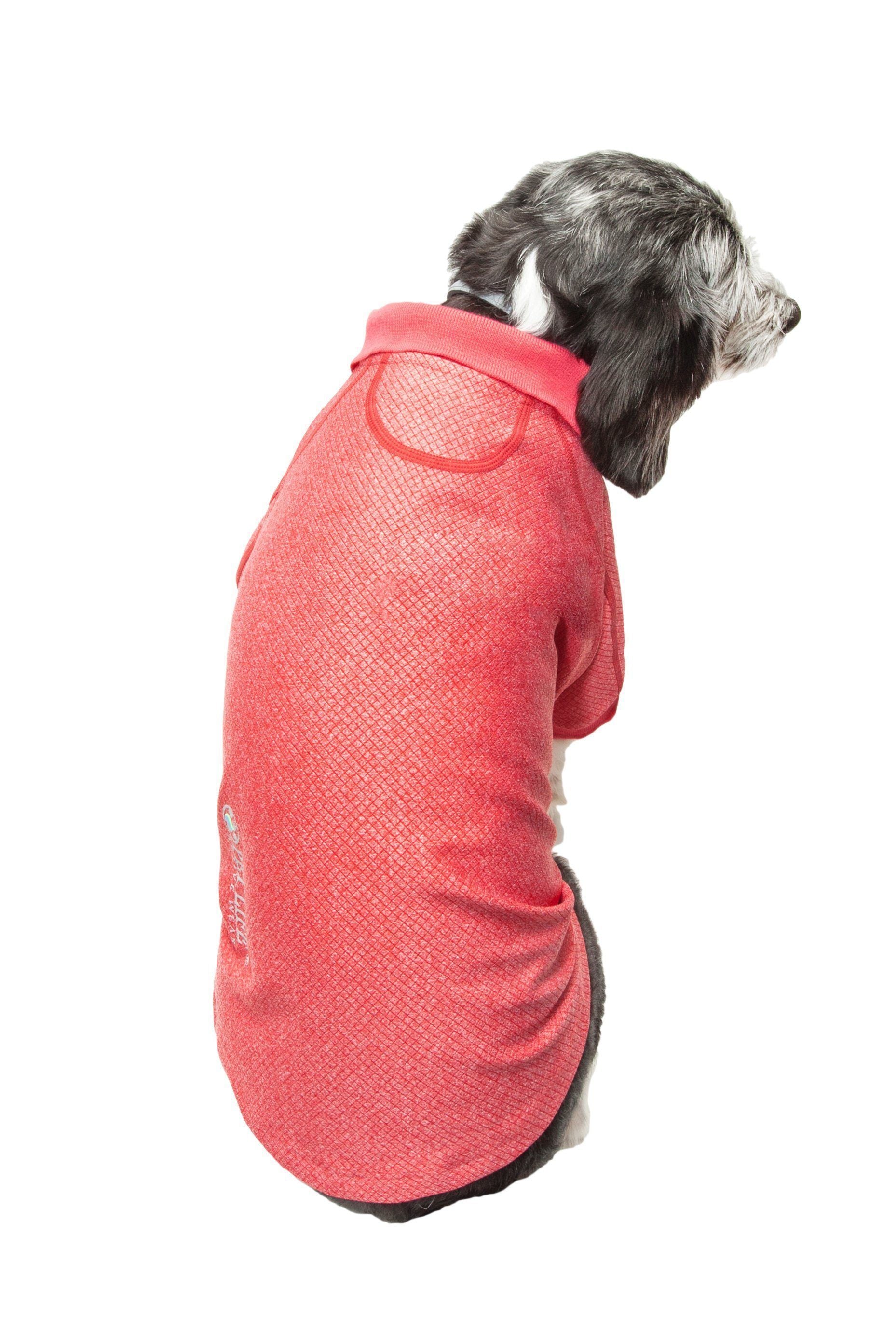 Coral red dog polo-style fitness shirt with mesh texture and padded back curve