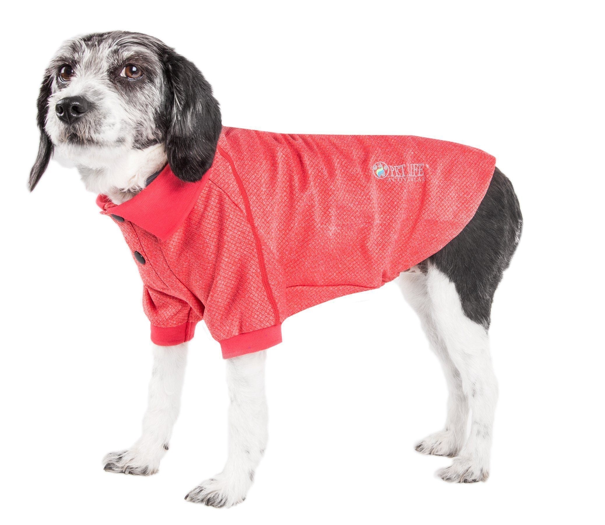 Red dog polo T-shirt with textured fabric, dark trim, and small logo on chest