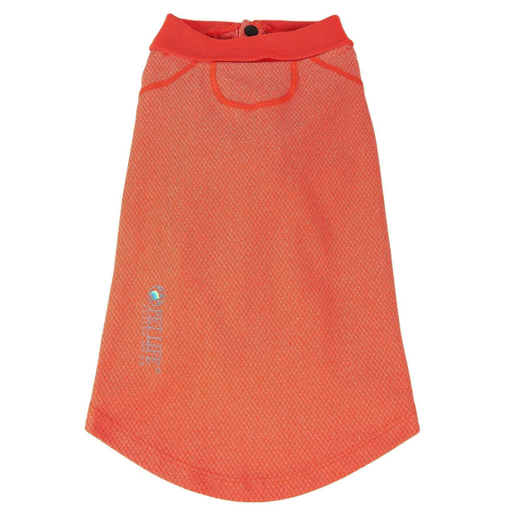 Orange dog polo-style stretch shirt with mesh texture and ribbed collar