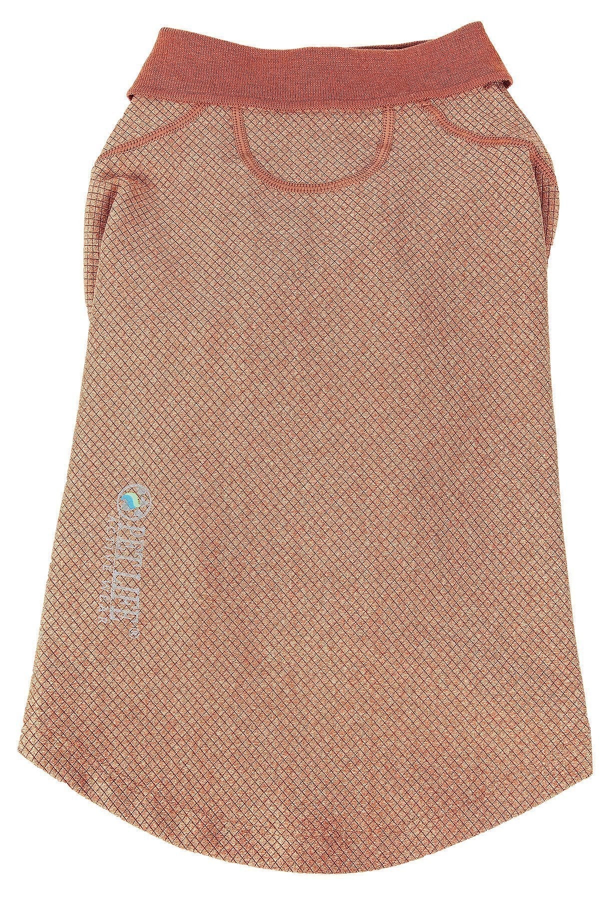 Tan dog polo shirt with textured knit, raised neck collar and chest logo patch