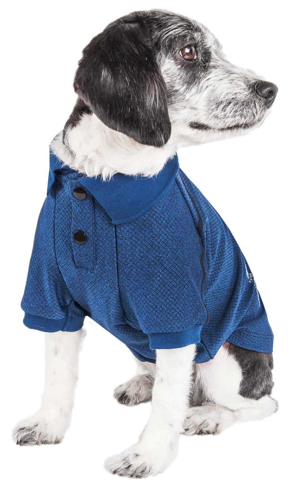 Blue dog polo shirt with short sleeves, button placket, and textured knit.