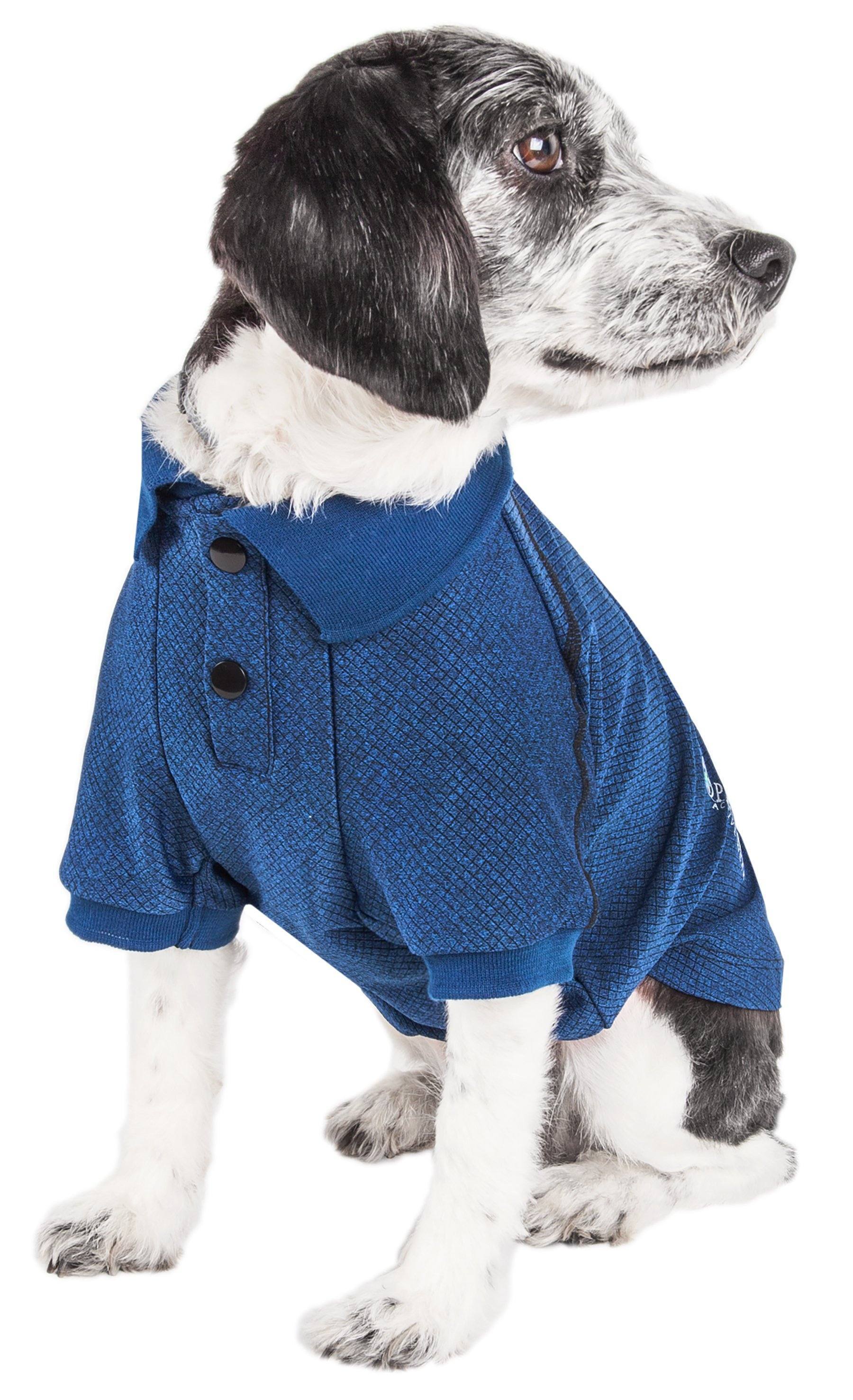Blue dog polo shirt with short sleeves, button placket, and textured knit.