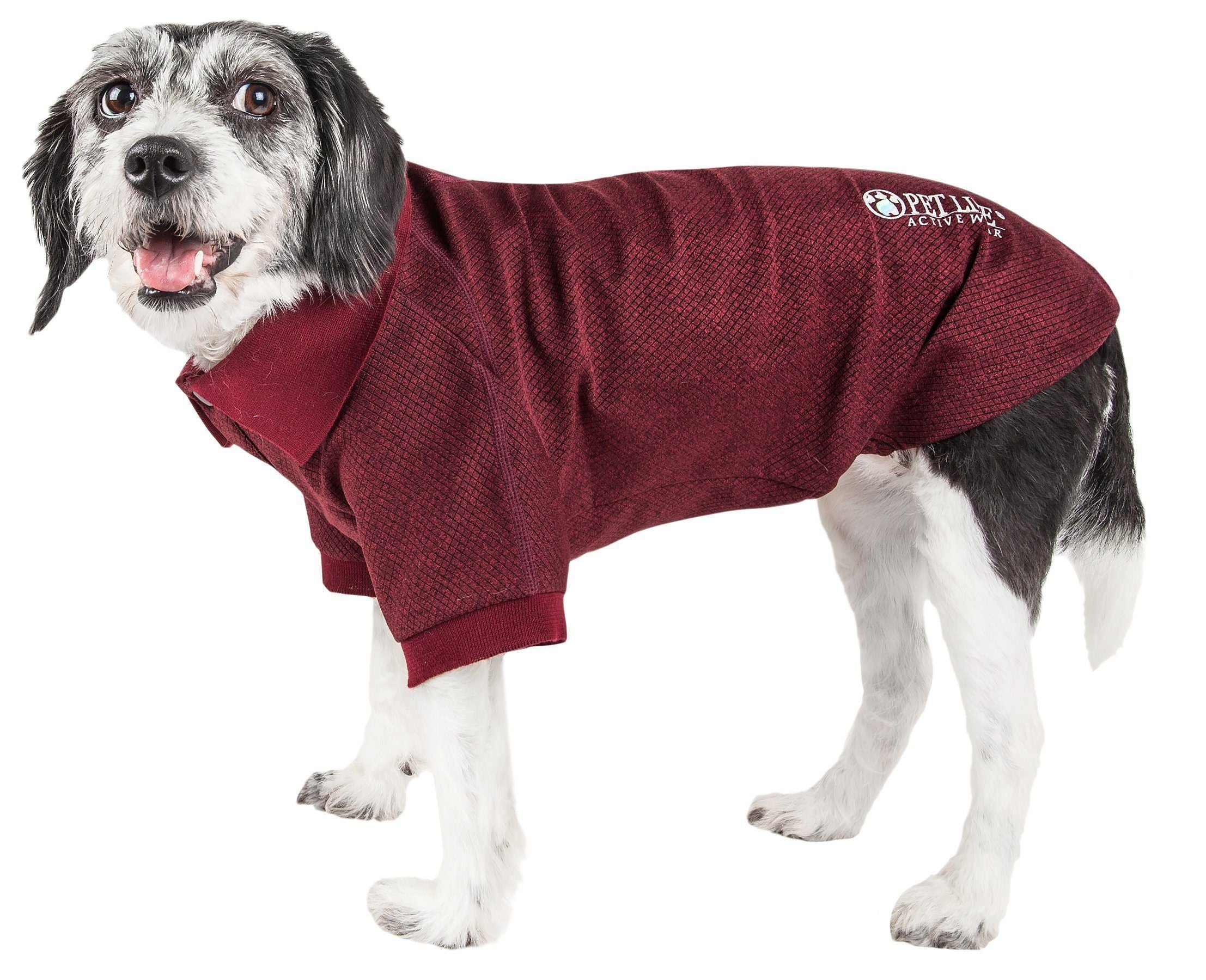 Burgundy dog polo T-shirt with textured fabric, dark logo patch, and ribbed cuffs