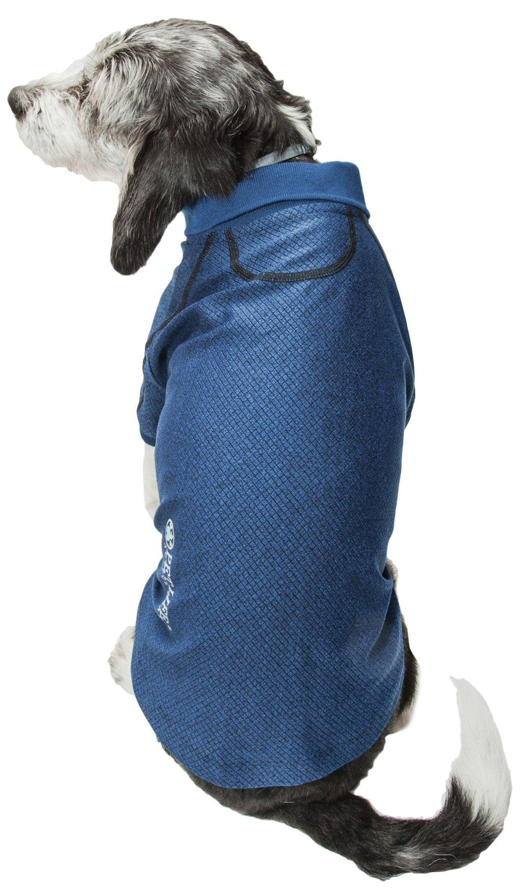 Navy dog polo shirt on a dog, with ribbed collar and diamond-textured fabric