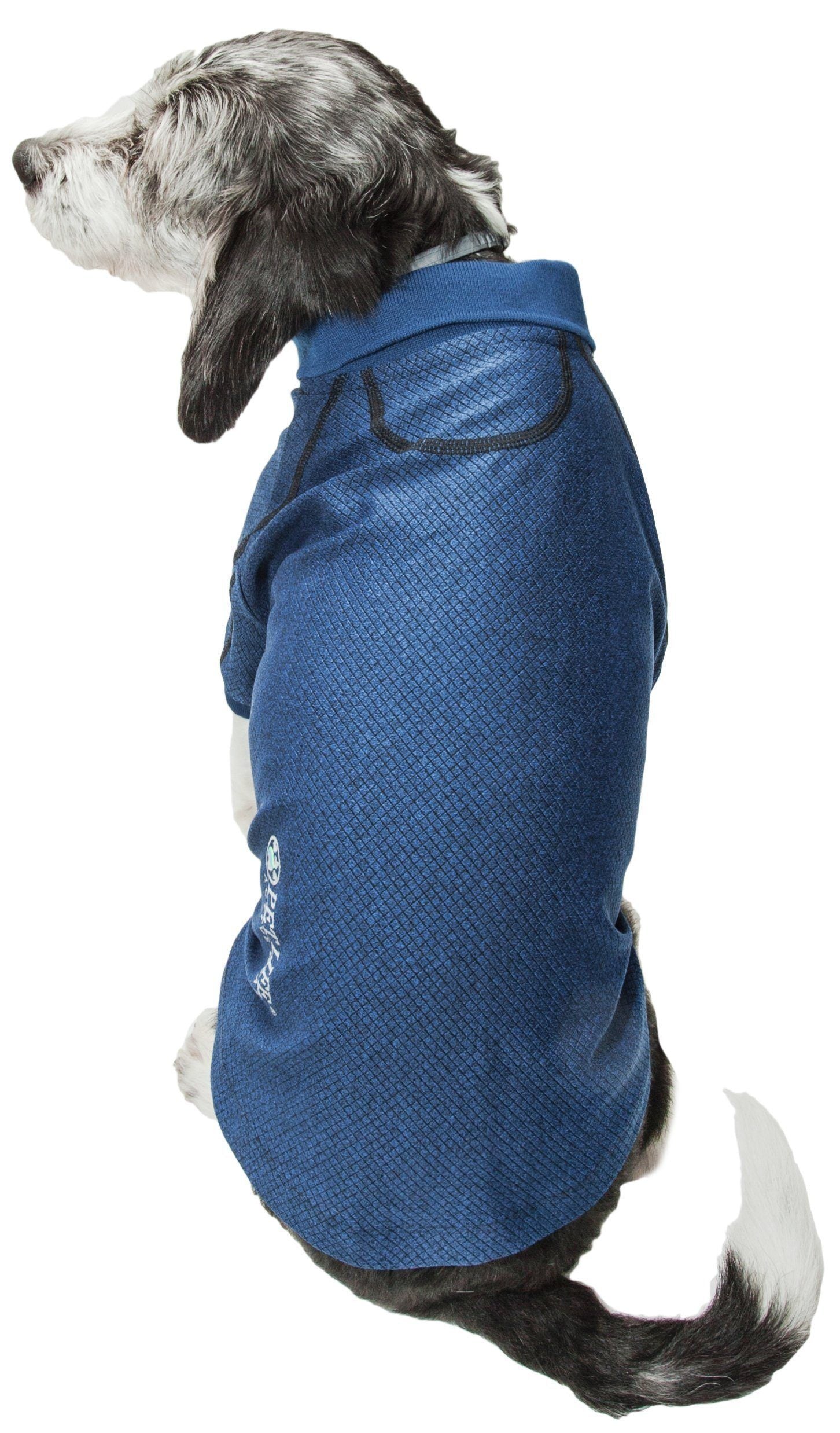 Navy dog polo shirt on a dog, with ribbed collar and diamond-textured fabric