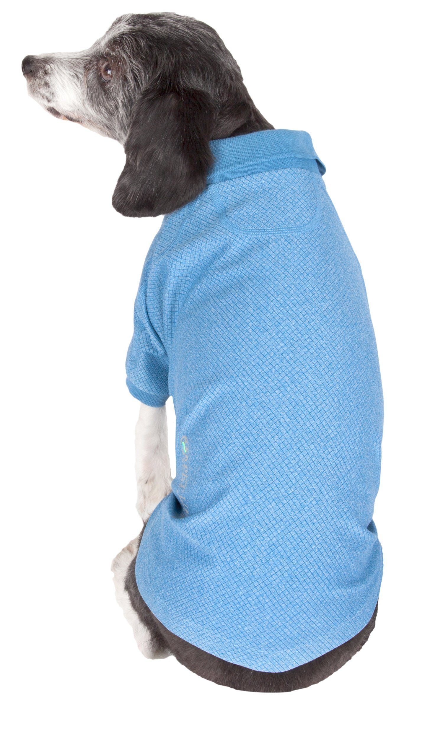 Blue dog polo shirt on a dog, with ribbed collar and diamond-textured fabric