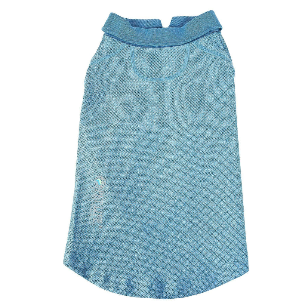 Light blue dog polo-style stretch shirt with mesh texture and ribbed collar