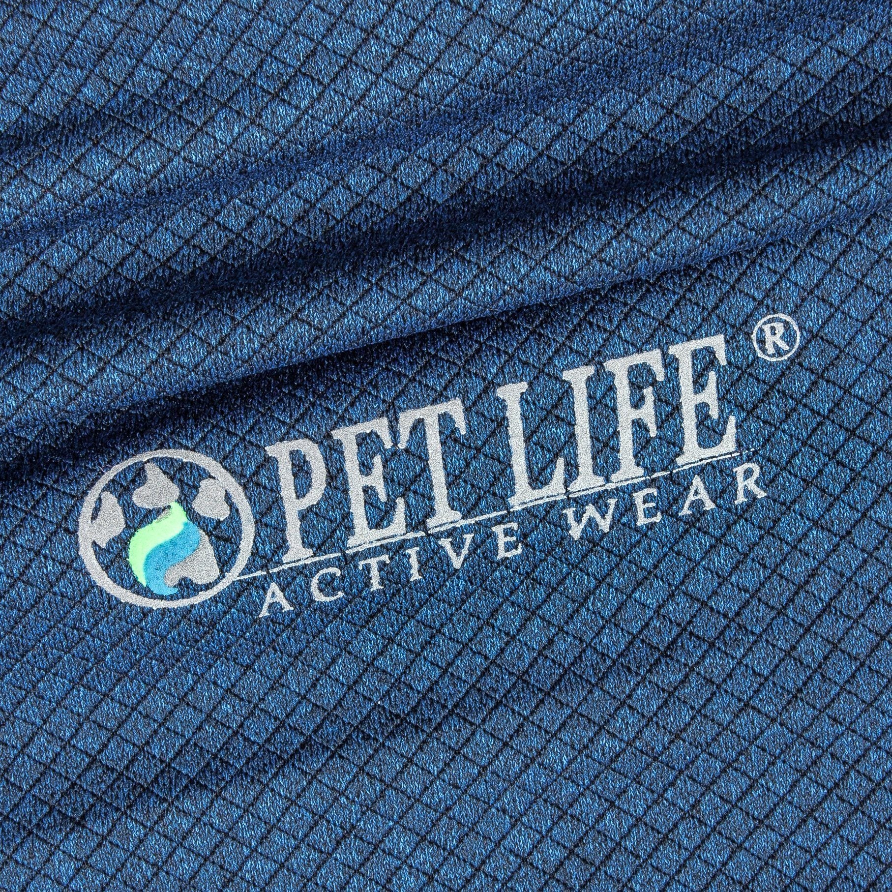 Close-up of navy blue dog polo shirt fabric with PEY LIFe Active Wear logo