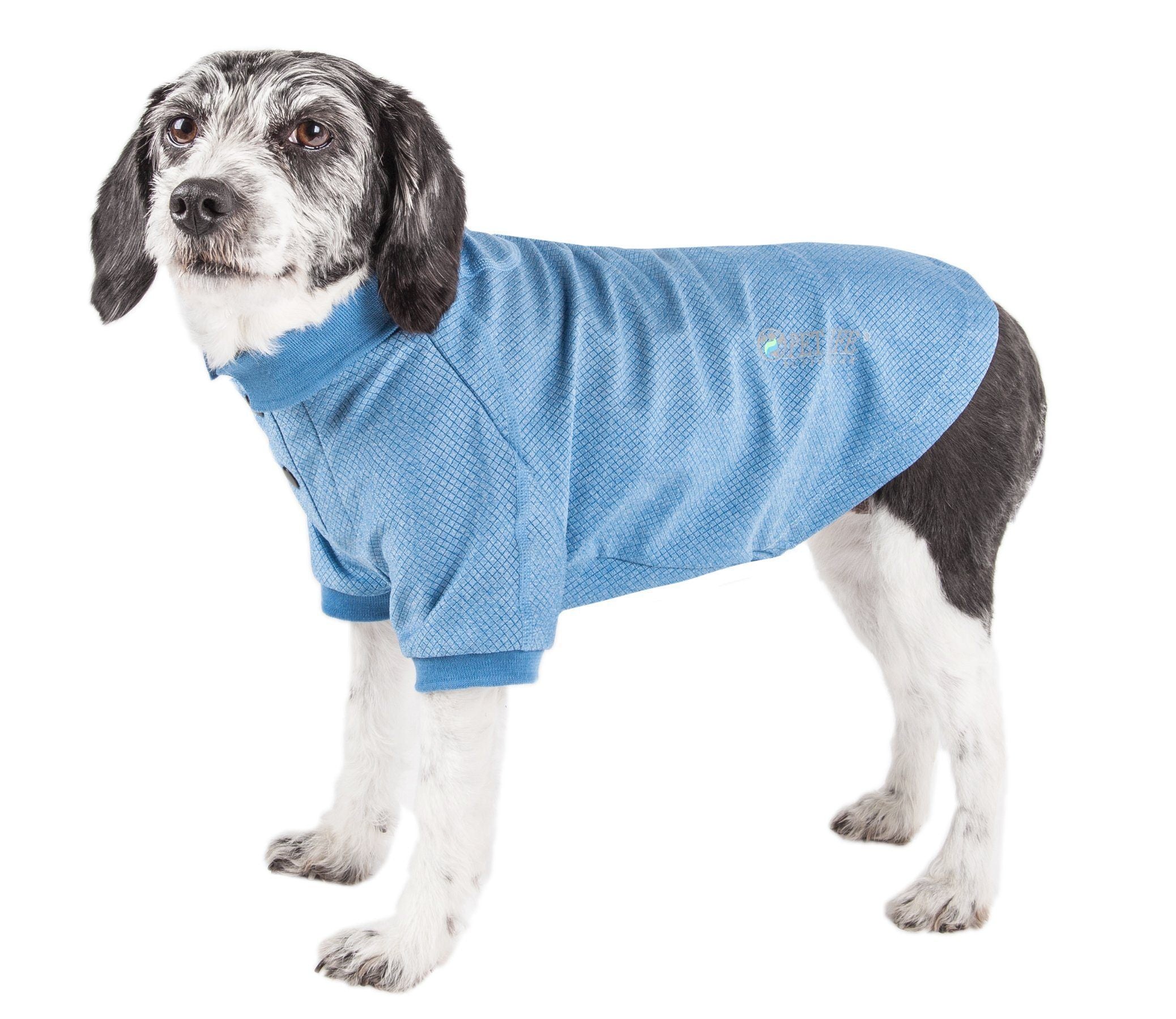 Light blue dog polo T-shirt with textured knit, dark trim edging, and small logo