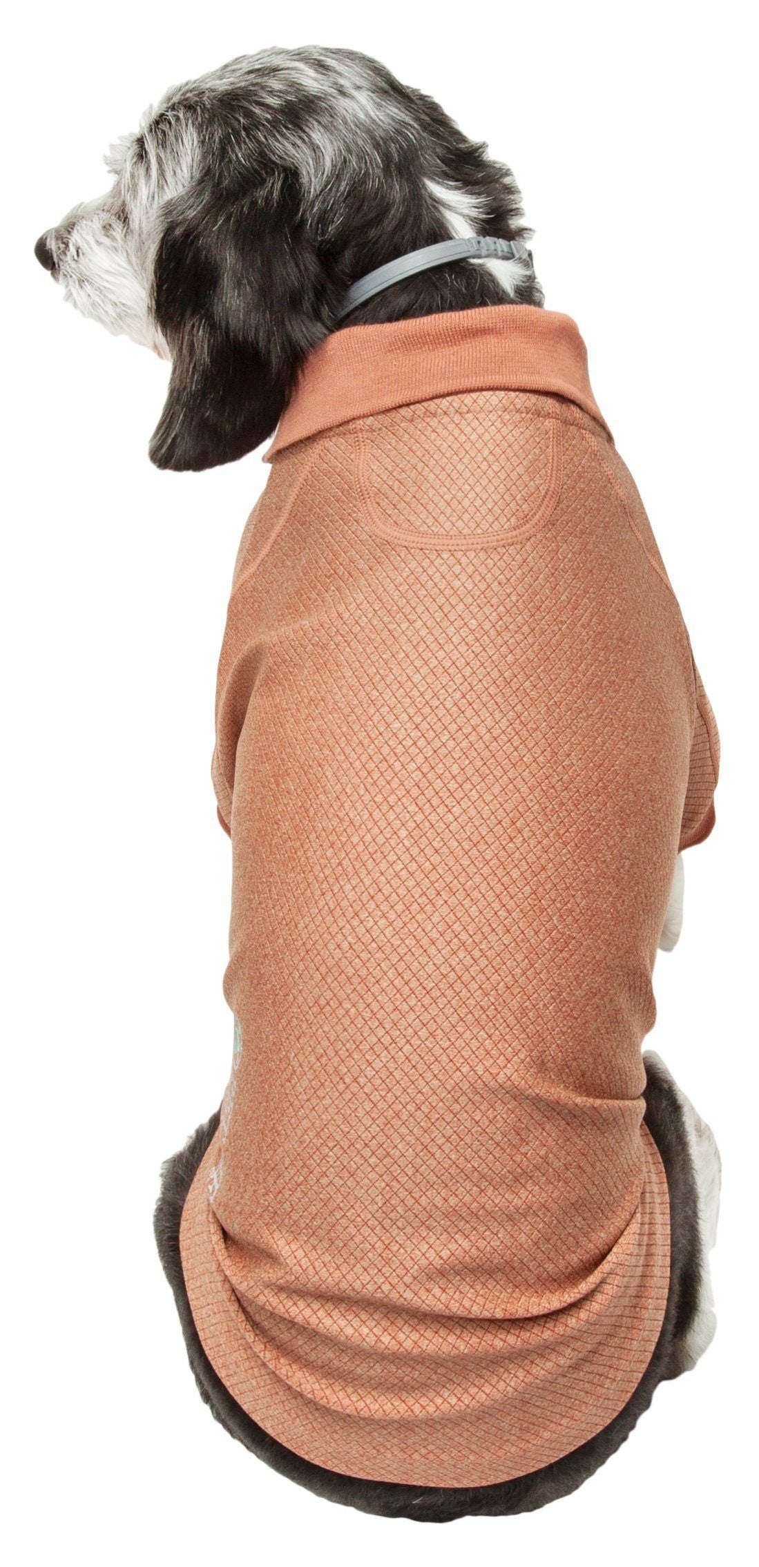 Tan dog polo-style stretch shirt with mesh texture and curved lower back hem