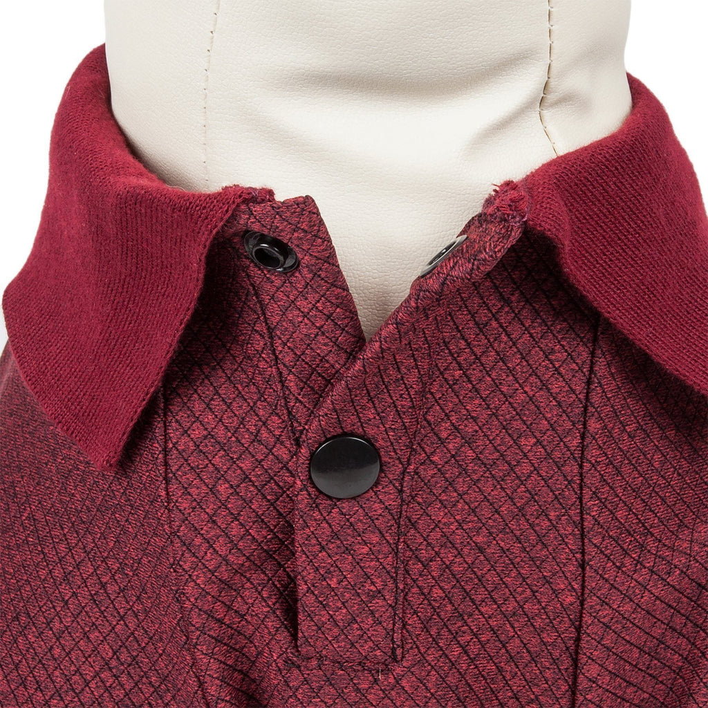 Burgundy dog polo shirt with diamond-textured fabric and black buttons, ribbed collar