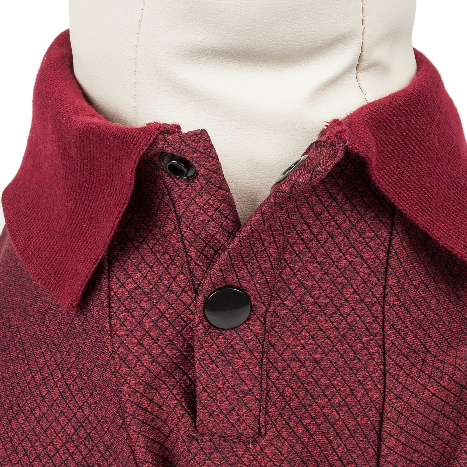 Burgundy dog polo shirt with diamond-textured fabric and black buttons, ribbed collar