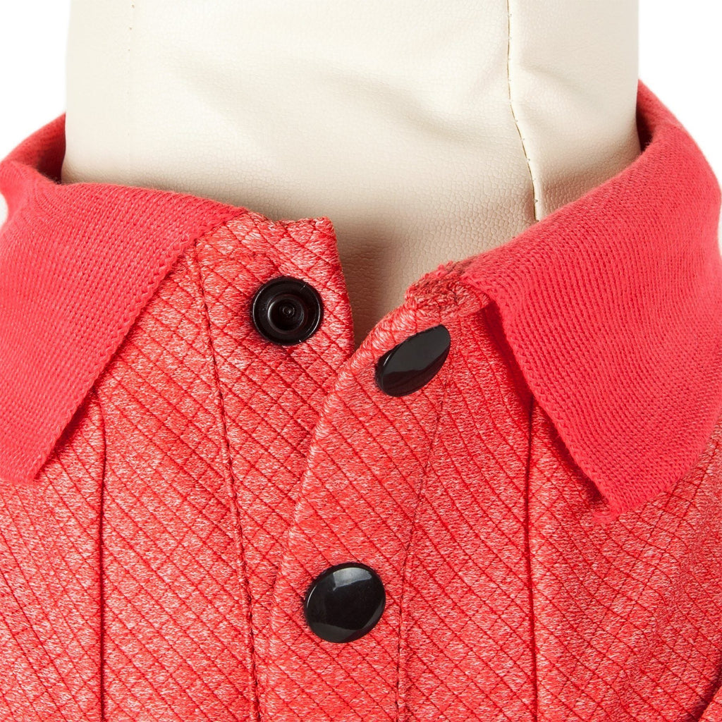 Red dog polo shirt with diamond-textured fabric and black button placket, ribbed collar
