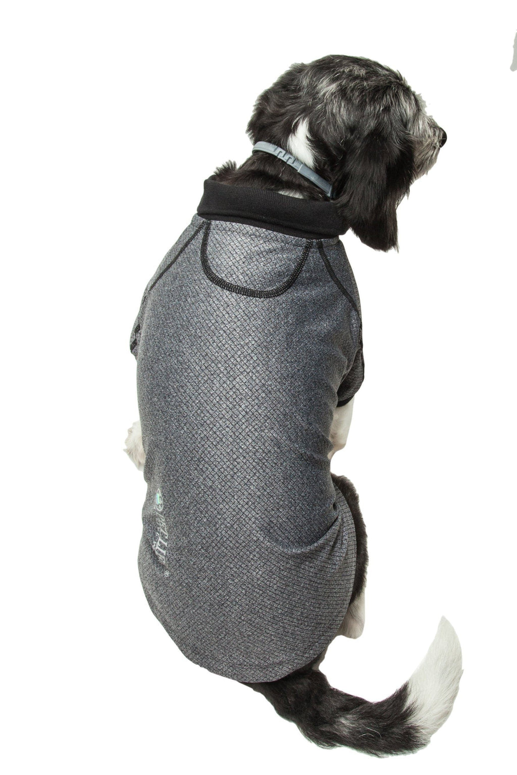 Gray dog polo-style stretch shirt with mesh-like texture and curved back cutout