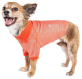 Orange dog polo T-shirt with stretch knit hood-style neckline and short sleeves