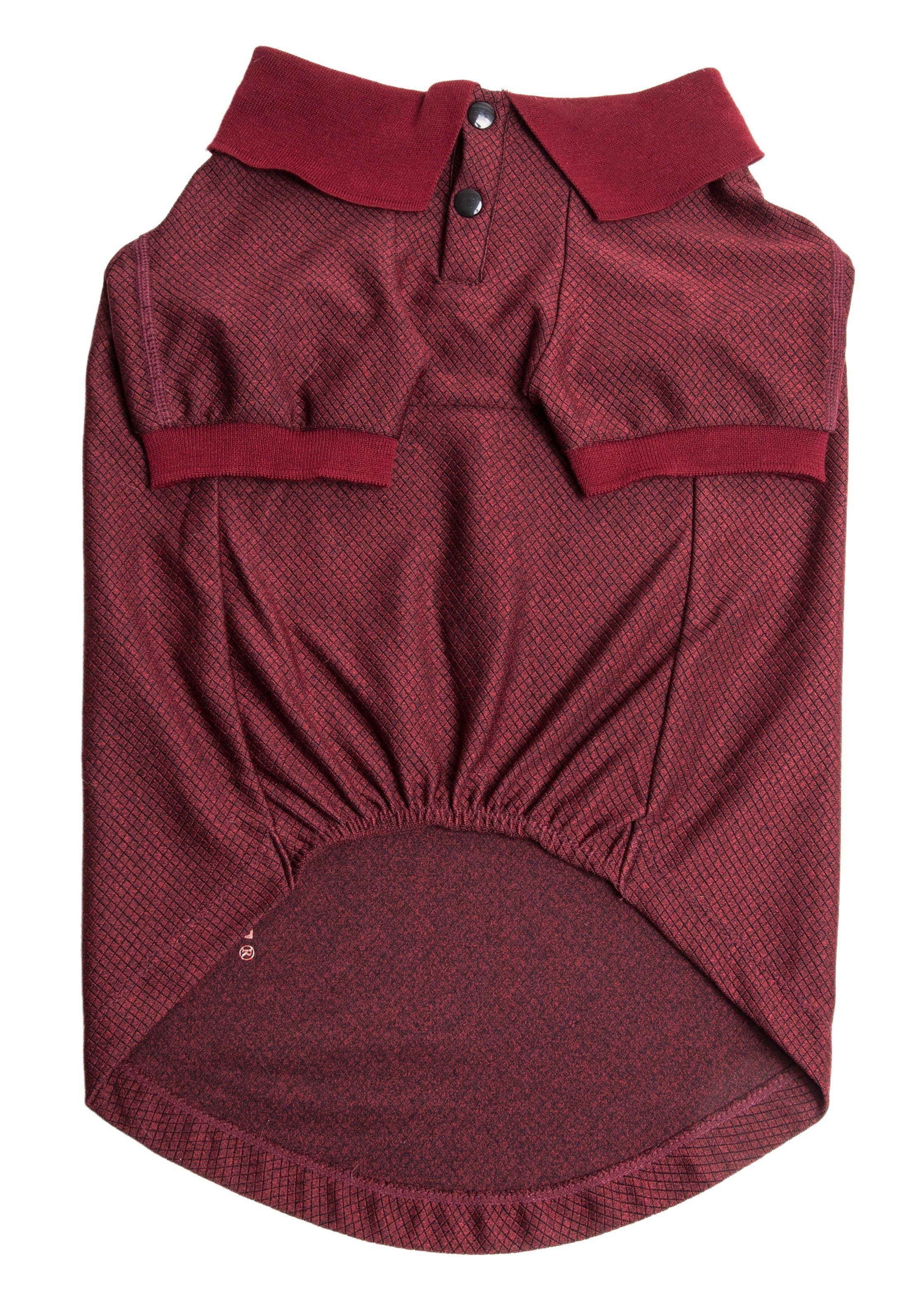 Burgundy dog polo shirt back view with button placket and short sleeves