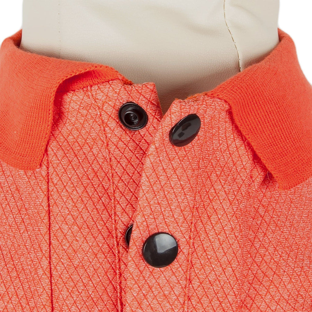Orange dog polo shirt with diamond-textured fabric and button placket, ribbed collar