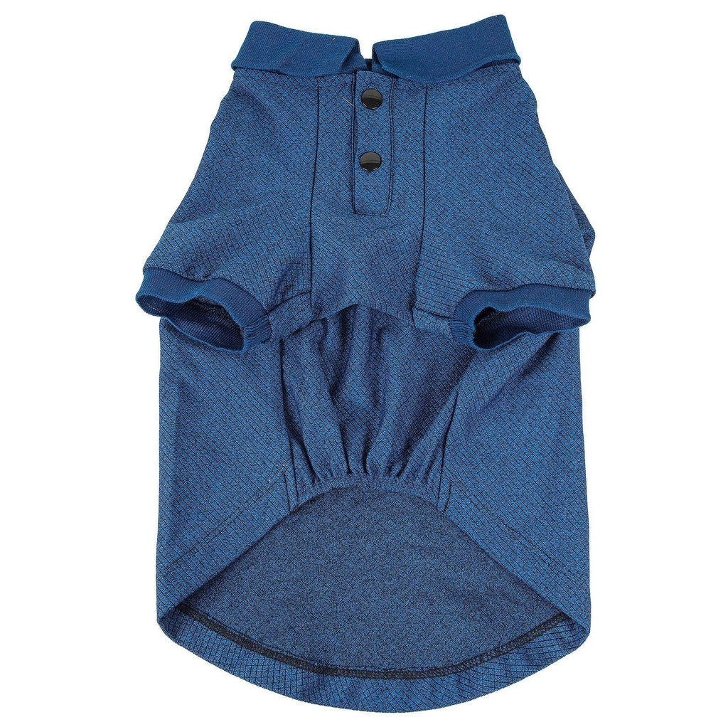 Blue dog polo-style stretch shirt, mesh texture with snap-front placket and curved hem