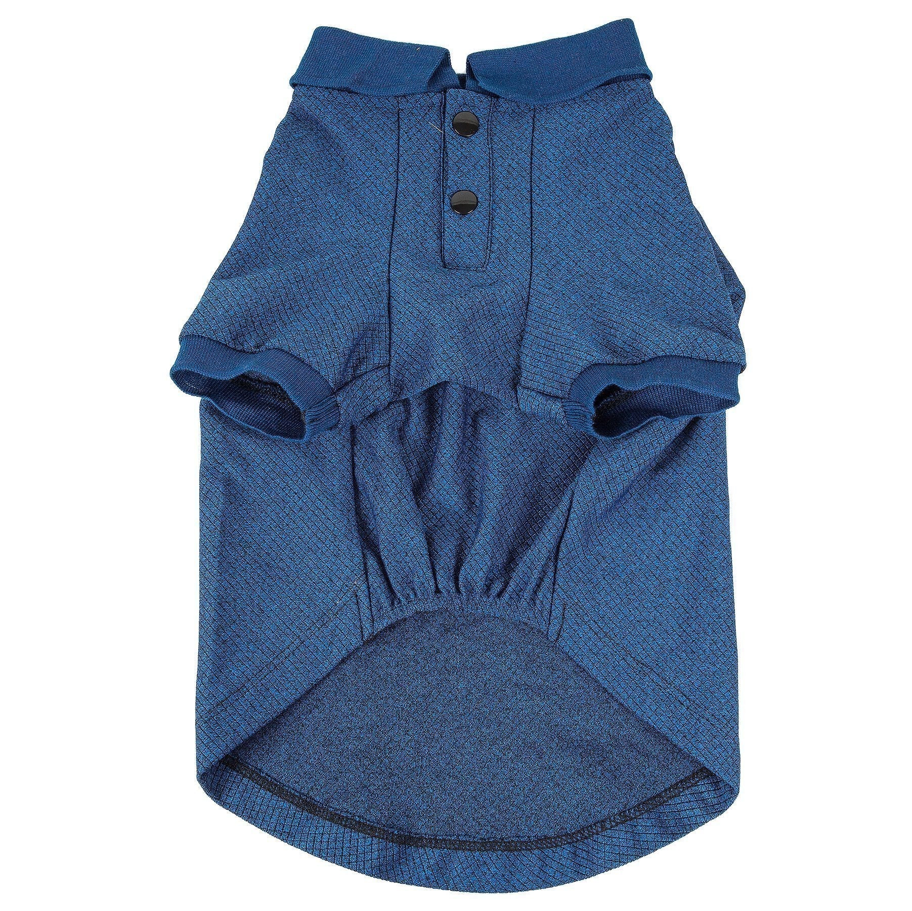 Blue dog polo-style stretch shirt, mesh texture with snap-front placket and curved hem