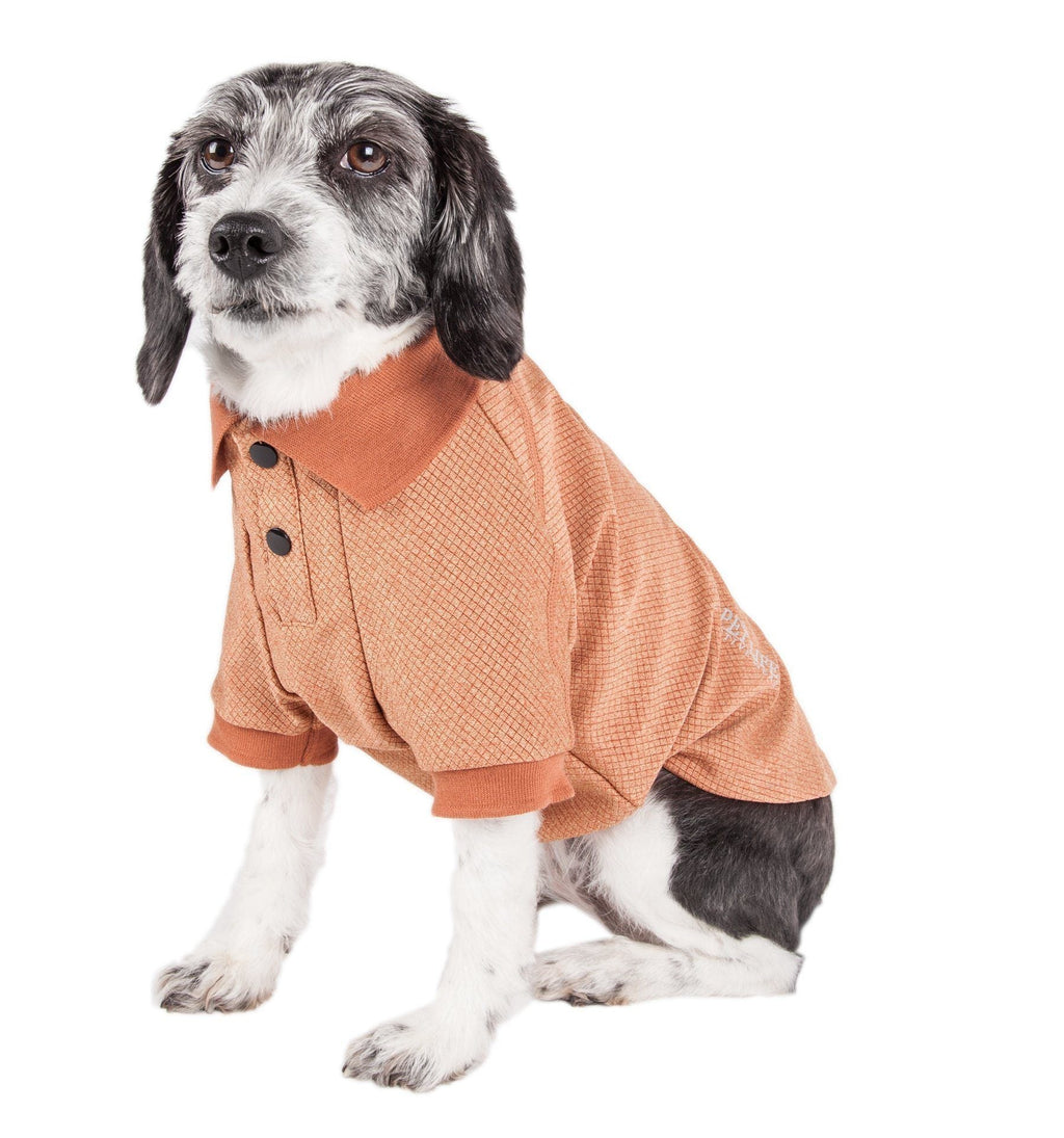 Orange dog polo shirt with short sleeves, button placket, and textured knit.
