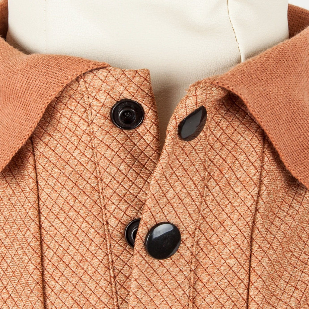 Tan dog polo shirt with diamond-textured fabric and black buttons, ribbed collar