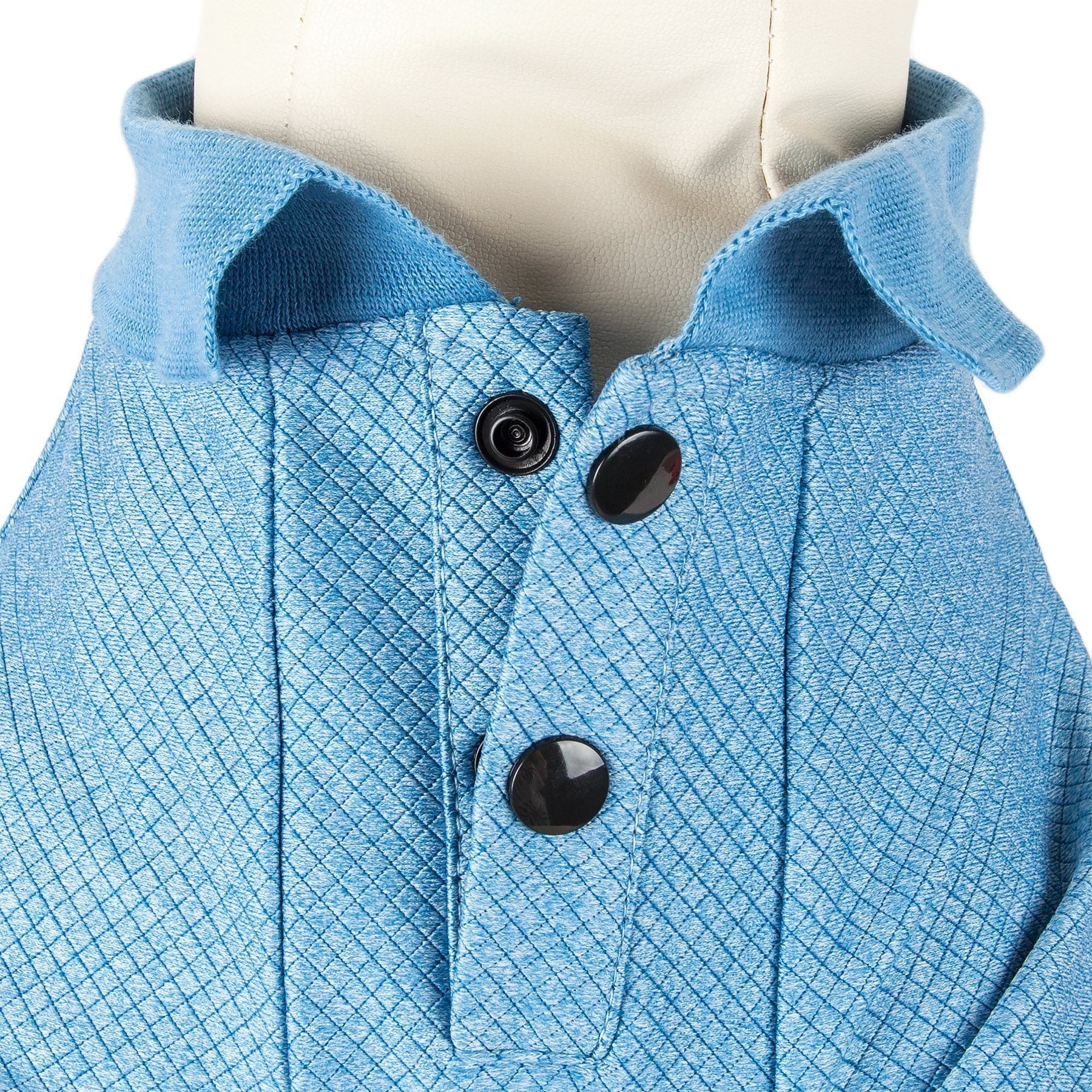 Blue dog polo shirt with diamond texture, short button placket, and ribbed fold-over collar