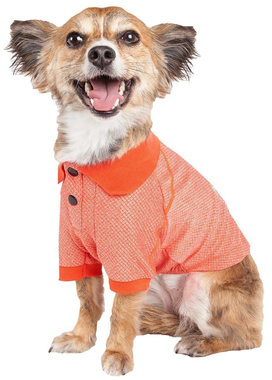 Orange dog polo shirt with short sleeves, button placket, and textured fabric.
